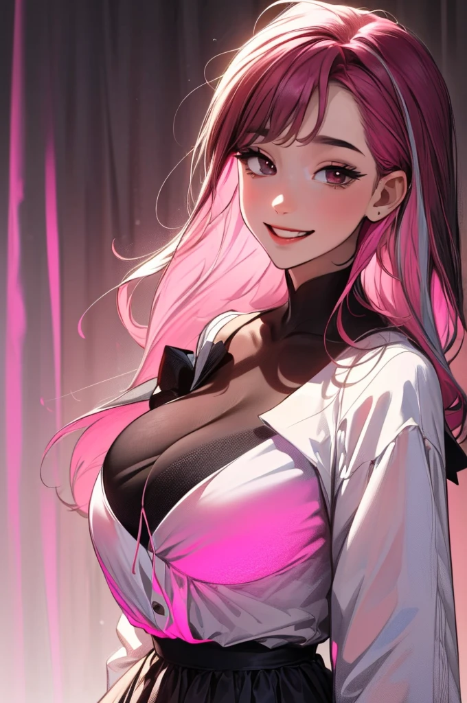 (Best quality), (top quality), (masterpiece), (portrait), (aesthetic), (beautiful), (high quality), (professional angle), (rule of thirds), (Feminine), (woman), (female), (beautiful lady), (big ass), (long hair), (large breast), (masterpiece), (portrait), (aesthetic), (beautiful), (high quality), (professional angle), (rule of thirds), (Feminine), (woman), (female), (beautiful), (feminine features), (Blond), Woman, idol outfit, pop star, long flowing hair, pink, hearts, pink eyes, pop star outfit, dress, beautiful, glowing, night time, concert stage, attractive, stage background, smirk