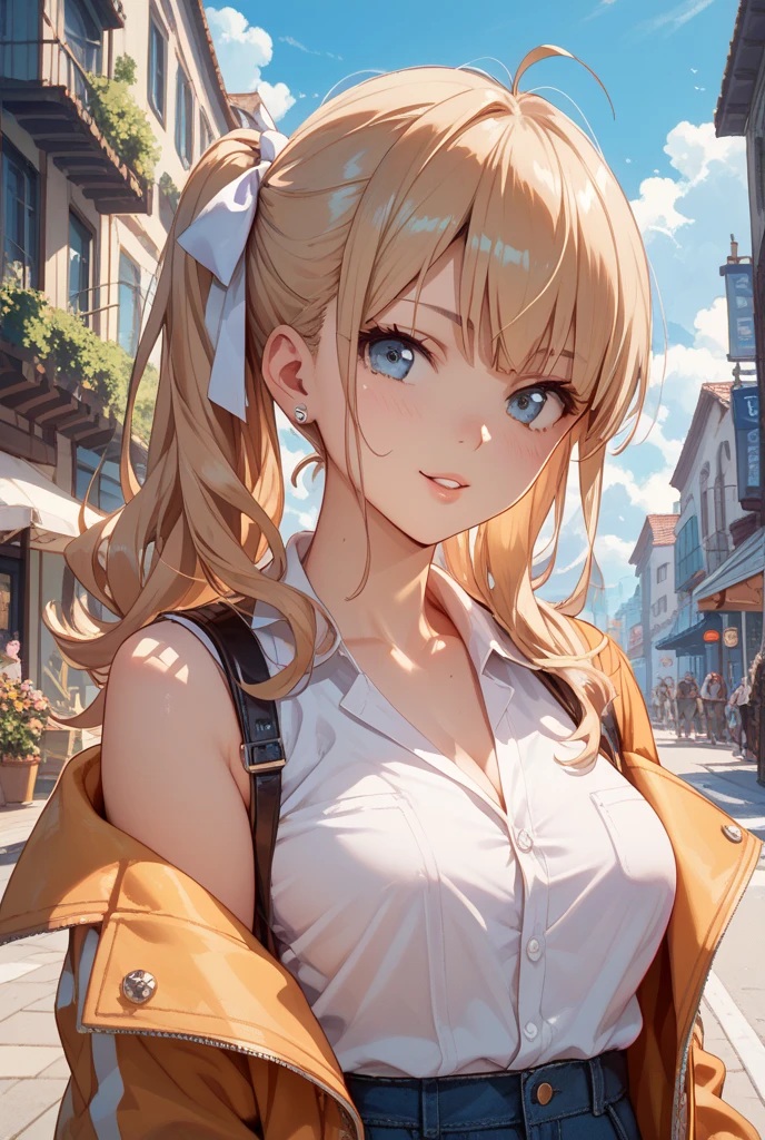 (8k, RAW foto, mejor calidad, (Obra maestra, super high quality, super detailed), Mappa anime style paisaje, chica joven, Absoluto, velas escarlatas, girl looking at the sea from the coast, camera looking at the sea, detalles intrincados, sailing ship with velas escarlatas, Una escena de una novela de Alexander Greene. "velas escarlatas" imagen de medio cuerpo, A beautiful women posing for a photograph in an alley, brown ponytail, golpes, risa feliz, blue eyes, Cuerpo magro musculoso, perfect anatomy, Looking to the camera, Time of the day, cielo azul, estilo animado, al aire libre, tendencia en artstation, Oh!, sakimichan muy sensual, con ropa original cuerpo entero, muy realista, extremadamente realista, extremadamente sexy, 8k, 8k extremadamente detallado), (un extremadamente delicado y hermoso), (obra maestra), (mejor calidad: 1.0), (ultra high resolution:1.0)