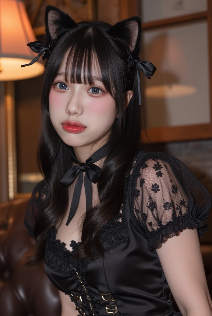 one woman,skirt,gothic lolita,sitting in a chair,gleaming skin,cute face,big eyes,embarrassed,short hair,cadetblue hair,outdoor,night,masterpiece, extremely fine and beautiful,photorealistic,japanese
