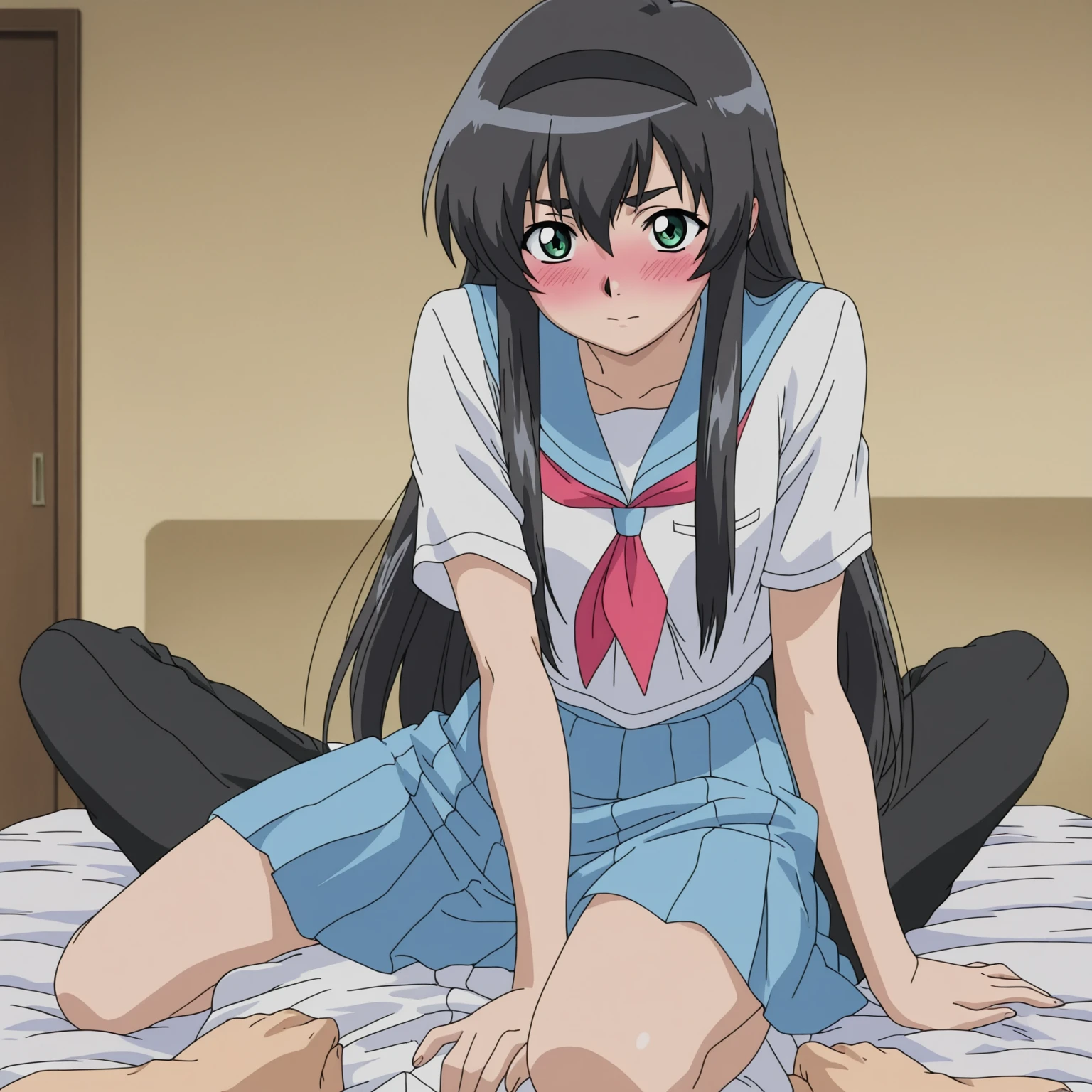 score_9, score_8_up, score_7_up, source_anime, 
BREAK
1girl, solo, anime screencap, anime coloring, 
<lora:shiYukinoV2:1>, yukiblu, black hair, long hair, blue eyes, 
school uniform, white shirt, hair ribbon, collared shirt, red ribbon, neck ribbon, sweater vest, sobu high school uniform, pleated skirt, plaid skirt, 
black thighhighs, kneeling, wet, panties, wet clothes, sweat, head tilt, 
looking at viewer,  soles, feet, indoors, bed, covering privates, smile,