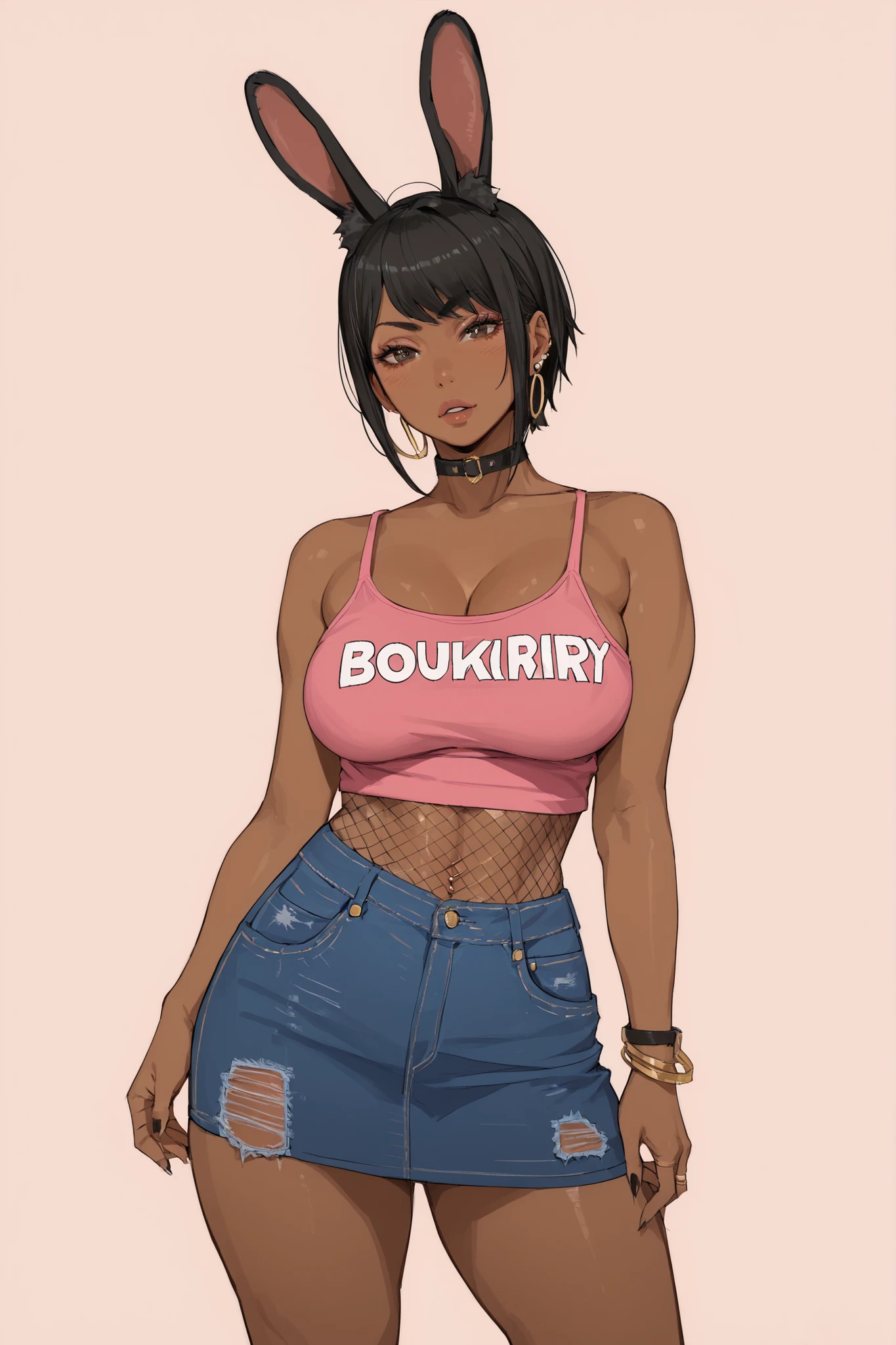 1 gyaru girl, short black hair, black rabbit ears, dark skin, voluptuous, pink fishnet tank top, denim skirt, simple background
