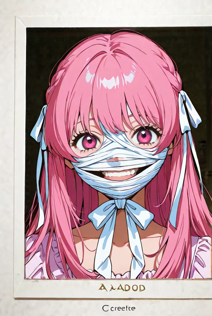 (masterpiece), (best quality), (ultra-detailed), (best illustration), (best shadow), (absurdres), (detailed background), (very aesthetic), shiny, detailed beautiful eyes, outstanding, countershading, detailed soft lighting, an exquisite animation illustration, high resolution, unity 8k, (illustration), anime style, cowboy shot, upper-body shot, BREAK (1girl, solo), black robe, white gloves, pink hood, light blue ribbon, pink boots, (silver hair), (smooth white Full Face Mask with glowing red eyes), MEvil, (colored skin, grey pale skin), pointy ears, fantasy leather pack carried on the back with broom of flying, simple white background