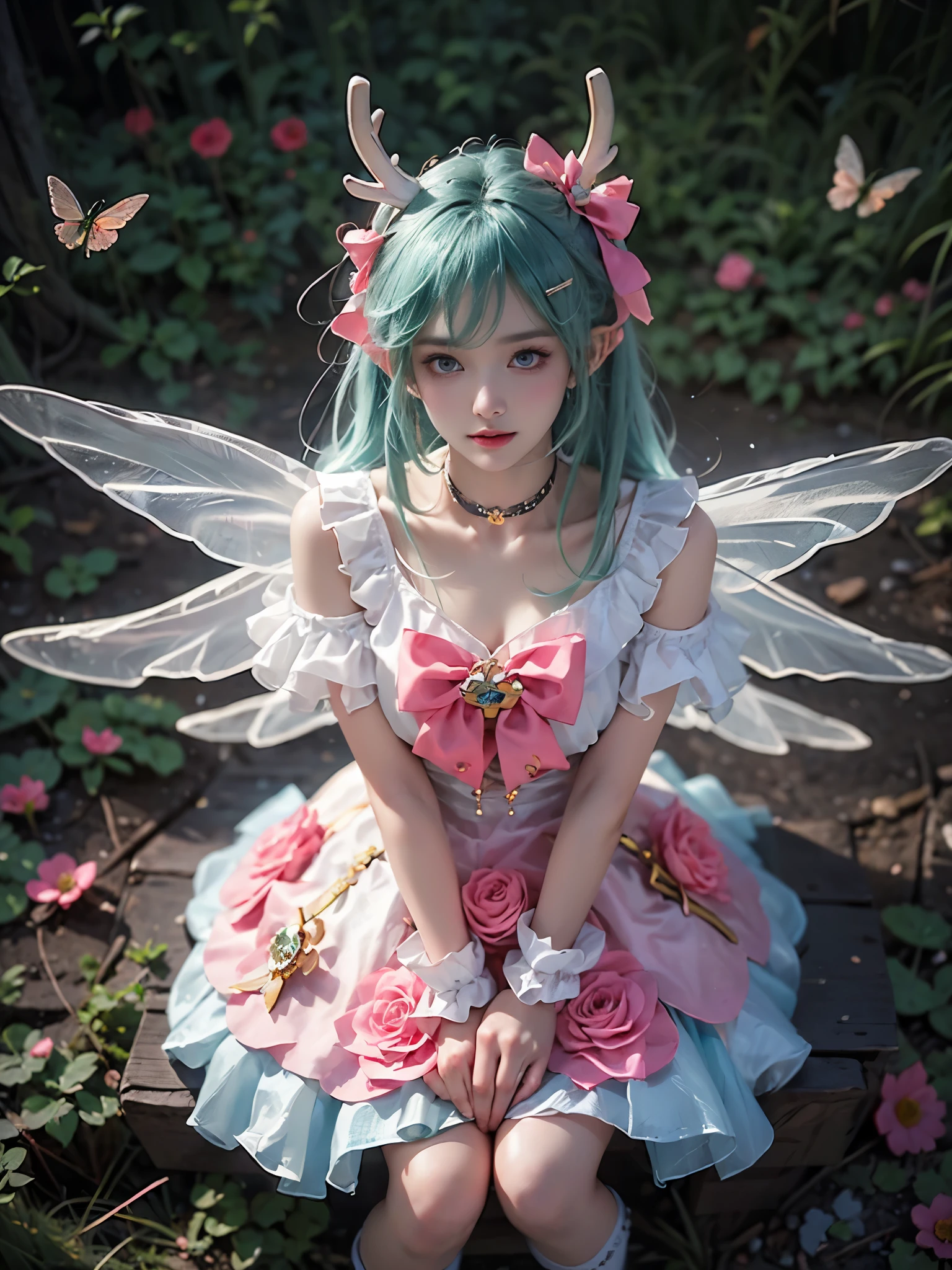 yao cosplay costume, aqua hair, dress, shoulder cutout, frills, choker, wrist cuffs, antlers, horns, bow, wings, hair ornament, animal ears, hair bow, hairclip, socks, kneehighs, shoes, high heels  ,, (from above:1.4), (At night:1.3, fireflies), realistic beautiful woman, sexy long-legged model, in a field of flowers, sitting on the ground, upper body leaning towards the ground, elbows supporting the body, one leg straight, the other leg naturally slightly bent, correct and beautiful leg shape, night, fireflies, many flowers around, roses in the foreground, beautiful romantic style, (detailed face:1.2), (detailed eyes:1.2), (intricate details:1.1), (hyperrealistic:1.1), (8k resolution:1.1), masterpiece, best quality