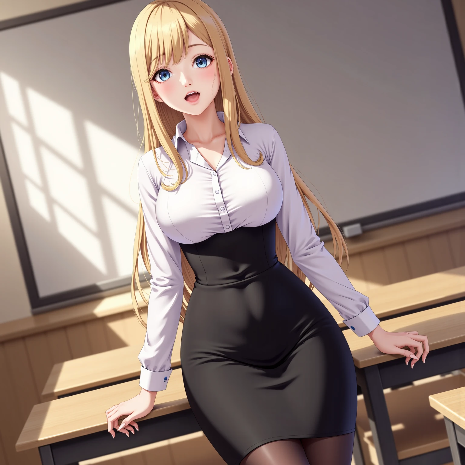A blonde girl with big breasts, small waist, big hips with a boy that has white hair and blue eyes in the classroom, skirt, top, cleaverage showing, hugging, forced