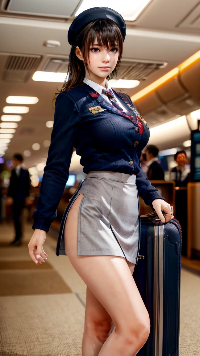 Beautiful, Stunning,Stewardess, Detailed eyes, Detailed lips, Detailed makeup, Glamorous, Elegant, which are full of confidence, Professional, Stylish uniforms, neat hairstyle, Friendly smile, high-heels, Airport runway, Airplane on background, Clear blue sky, A clear day, Vibrant colors, Soft lighting, Fashion magazine cover, high fashion, Elegant posture, boarding pass, trip, adventure, Luxury travel experience, First-class service, International Flights, Destination unknown, Dream job、up skirt、(I can see panties:1.5)、((((Cameltoe))))、(skirt rift:1.5)、(life-likeオマンコ:1.7),