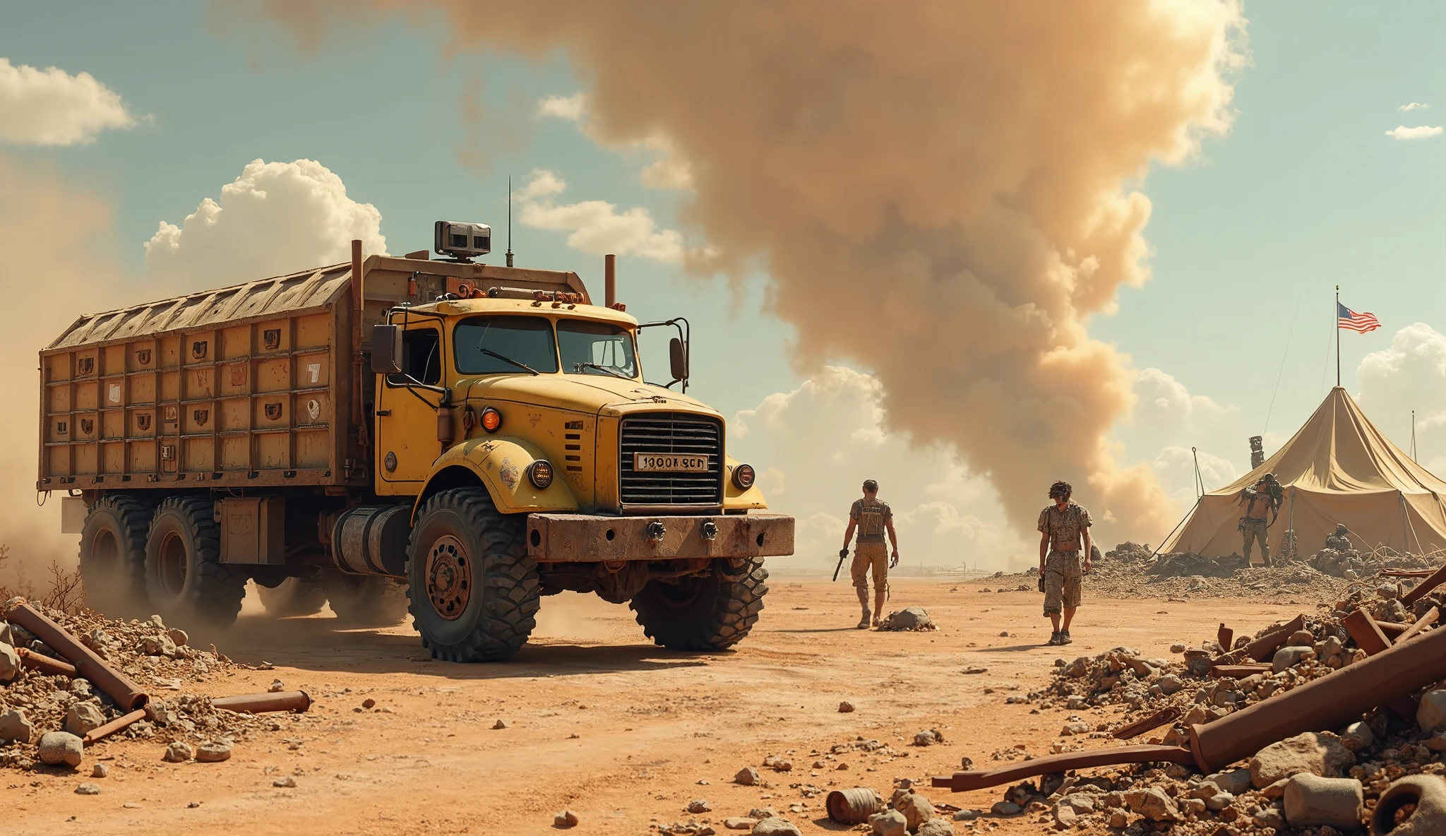 there is a Oshkosh truck that is PARKED in the desert, survivors outpost tent, MAD MAX epic sandstorm, DUNE epic sandstorm, scavenger base, iron scrap scattered around the parked truck, highly detailed scene, modified military truck, sandstorm looming on the distance, from mad max, apocalyptic world, human survive by scavenging, detailed scene, heavy detail, in a apocalypse - torn desert village, hq very detailed