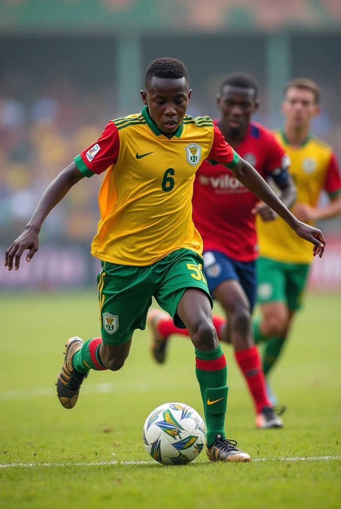 Dark-skinned boy kicking a soccer ball wearing the dark green uniform of the Palmeiras team