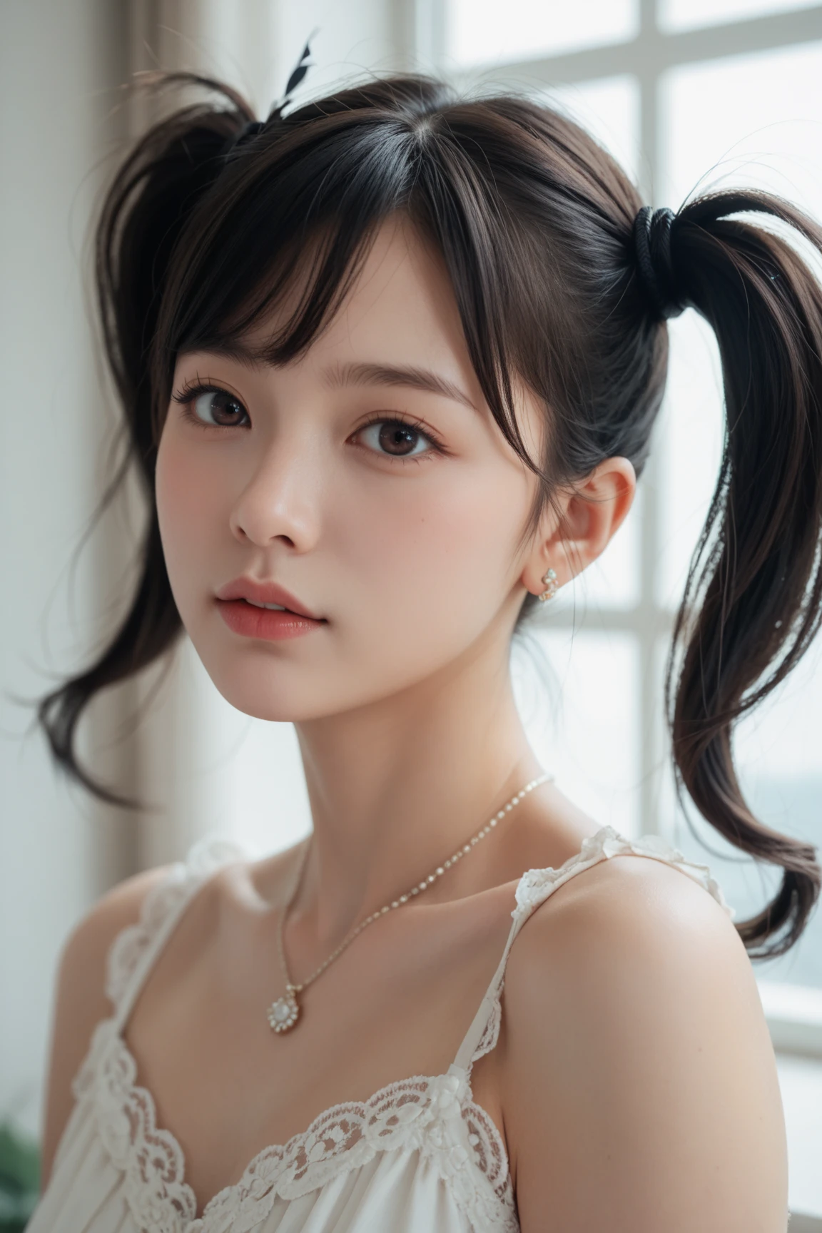 highest quality, realistic, 8K, High resolution, 1 girl, woman, (skin dents), (portrait:0.6), nice, ((white background, naked, small breasts:1.65)), (Brown hair in a ponytail, parted bangs:1.4), looking at the viewer, (1 girl eyes looking at the viewer:1.6), realistic, (Bokeh), (closed mouth, smile:1.3), nice, Pueros face_V1:1,