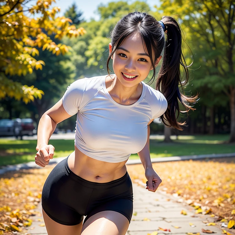 A realistic images (Full body) of Japanese girl, slim body, slim long leg, 140cm tall, wearing sleeveless white tight shirt (show abs)(wider neck), show cleavages, tight black long pants, standing and posing, sexy pose, smiling amd naughty eyes, at the park