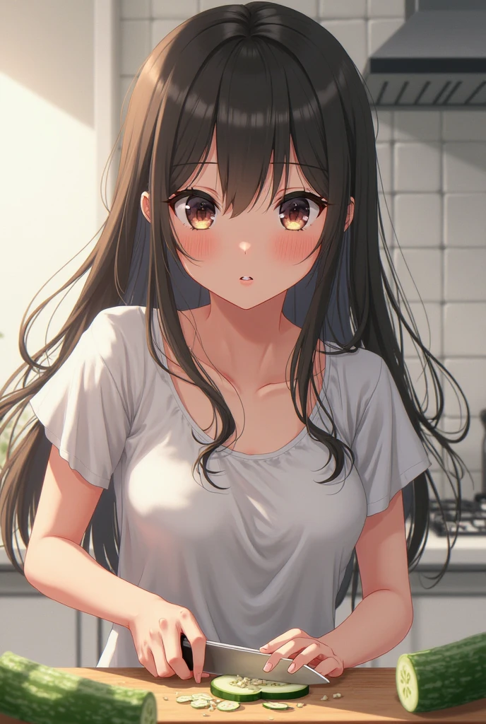 ((masterpiece, Highest quality, High resolution, 超High resolution, Pixel perfect, Written boundary depth, 4K, RTTX 10.0, High resolution))), 1 girl, single, alone, Beautiful Anime Girls, Beautiful art style, Anime characters, ((Shortcuts, bangs, Dark brown hair, Simple hairpin)), ((Green Eyes:1.4, Round eyes, Beautiful eyelashes, current eyes)), ((Detailed face, blush:1.2)), ((Smooth texture:0.75, Anime CG style)), Medium chest, ((Dynamic Angle, throw, close)), Perfect body, White T-shirt, Sweat, hot, Eating ice cream,