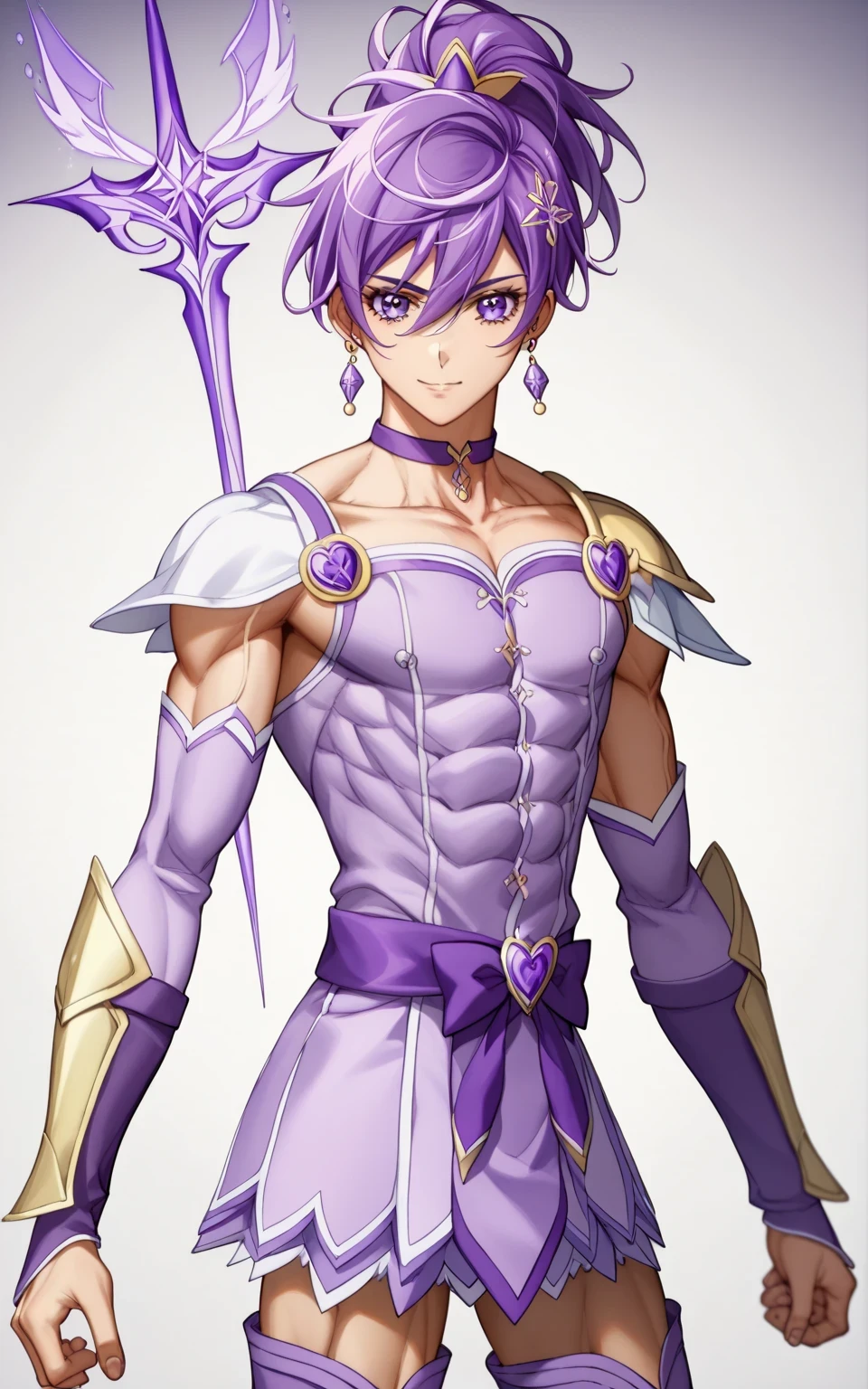 score 9 、score 8 up、score 7 up、source anime、masterpiece、best quality、high resolution、anime coloring、1boy、Cure Sword is male hero、(male:1.olo、close up of a cartoon boy in a purple dress、 Boy with short purple hair、With Sparkling Purple Eyes 、high short ponytail hair、spade shape hair ornament、solo、 Prince of Amethysts 、Anime Prince 、 purple miniskirt、collarbone、trapezius、white shoulder pads、 purple arm warmers、purple detached sleeves、purple waist bow、Bare Thighs、thigh muscles、semitendinosus muscles、covered adductor magnus muscles、purple thigh high boots、Official Character Art、style of Magic Boy、masculinization、Magic Boy、 Official Fanart、 !!full body portrait!!、 Magic Boyのスタイル、 hymn to the king as prince 、 MLP fan art 、cure sword outfit、Detailed Fanart、 Magical Aura、 high resolution、 commission for high resolution 壁紙!、boy in purple dress、boy in purple boots、素敵なドレスを着た Anime Boy 、(manly:1.6)、Official Art、 Anime Boy 、 male focus、looking at viewer、solo focus、cowboy shot、(male body:1.6)、