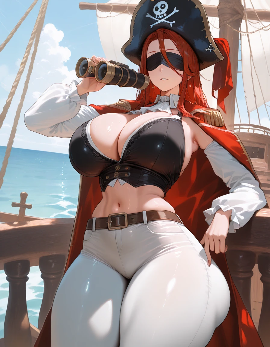 Beautiful redhead woman, pirate clothes, pirate hat, in the style of Zelda, full body view, standing, big breasts
