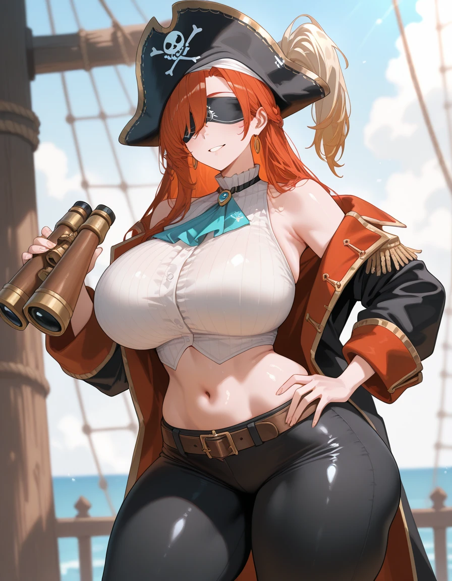 ((Seductive Anime Girl, solo:1.3))、((sitting on the Luxurious treasure chest:1.3))、((Cross legs))、((Luxurious treasure chest))、((pirate:1.3))、((pirate jacket:1.1))、((perfect proportion))、((Being in on the pirate ship:1.5))、((Glossy realistic skin texture))、((Meticulously drawn eye:1.2))、((dynamism:1.3))、((dynamic angle:1.2))、((micro bikini:1.3 crop top:1.3))、((highleg:1.3))、((huge breasts:1.4))、((huge hip:1.3))、((thick thighs))、((cleavage:1.3))、curvy、((collarbone))、((cameltoe:1.2))、ultra-detailliert, Top image quality, digitial illustration, Meticulously drawn hair, Sharp Focus、Smooth texture、seductive smile、glistening teeth