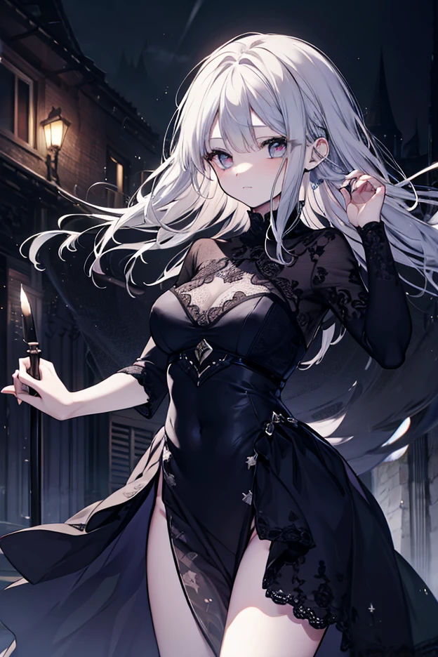 1 beautiful woman wearing a black witch dress, black witch hat, black cape, short witch skirt, black translucent stockings, black high heels, pale skin, black lipstick and eye makeup, serious expression and slight smile, long white hair, large breasts 1.6, large buttocks 2.5, looking back at the viewer, 4k, detailed, photorealistic, portrait, fantasy, dark, dramatic lighting