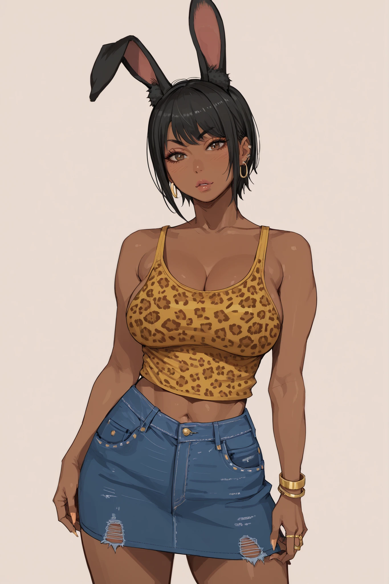 1 gyaru girl, short black hair, black rabbit ears, dark skin, voluptuous, leopard print tank top, denim skirt, simple background, face focus 