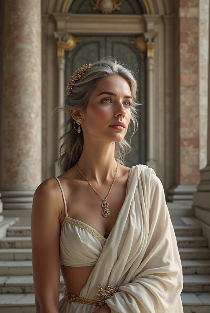 (masterpiece, best quality 16k, HDR), Greek goddess of hearth and fire, with ((dark blonde, dark red eyes)), is fair-skinned, (wears sheer long white greek toga:2.0, white veil, ultra huge boobs:2.5, ultra huge tits:2.5, visible realistic nipples via sheer dress:2.5), looks mysterious and beautiful, inside of an abandoned broken ancient greek temple, "holy fire of vesta", Greek mythology, dark atmosphere, photorealistic, super high quality, super detail, ultra accurate description of hands, detailed face, detailed skin texture,
