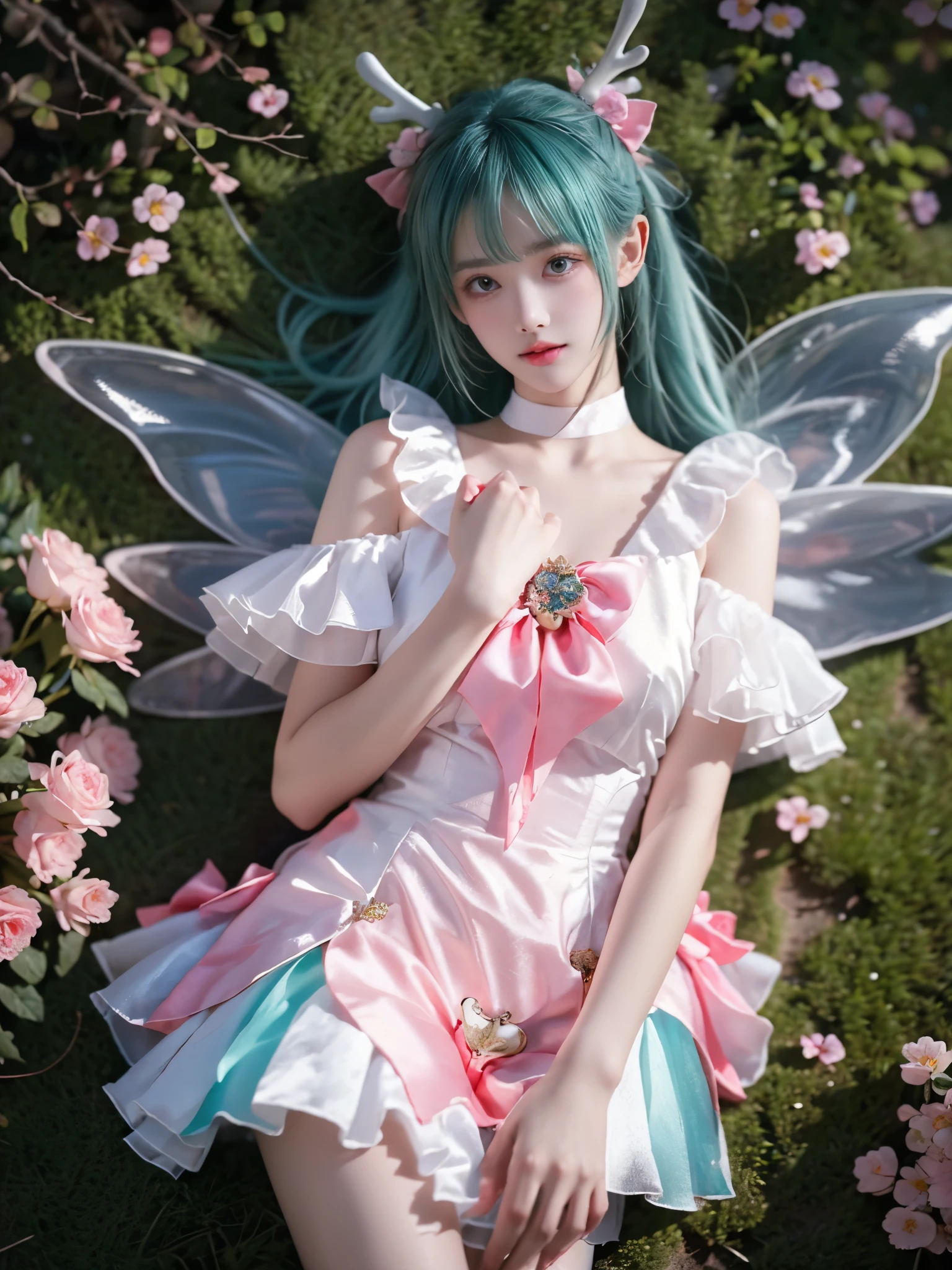 yao cosplay costume, aqua hair, dress, shoulder cutout, frills, choker, wrist cuffs, antlers, horns, bow, wings, hair ornament, animal ears, hair bow, hairclip, socks, kneehighs, shoes, high heels ,, realistic beautiful woman, sexy long-legged model, lying in a field of flowers, upper body leaning towards the ground, elbows supporting the body, one leg straight, the other leg naturally slightly bent, correct and beautiful leg shape, night, glowing fireflies, many flowers around, roses in the foreground, beautiful romantic style, (detailed face:1.2), (detailed eyes:1.2), (intricate details:1.1), (hyperrealistic:1.1), (8k resolution:1.1), masterpiece, best quality, dreamy, ethereal, (overhead shot:1.2), (birds-eye view:1.2), (top-down view:1.2)
