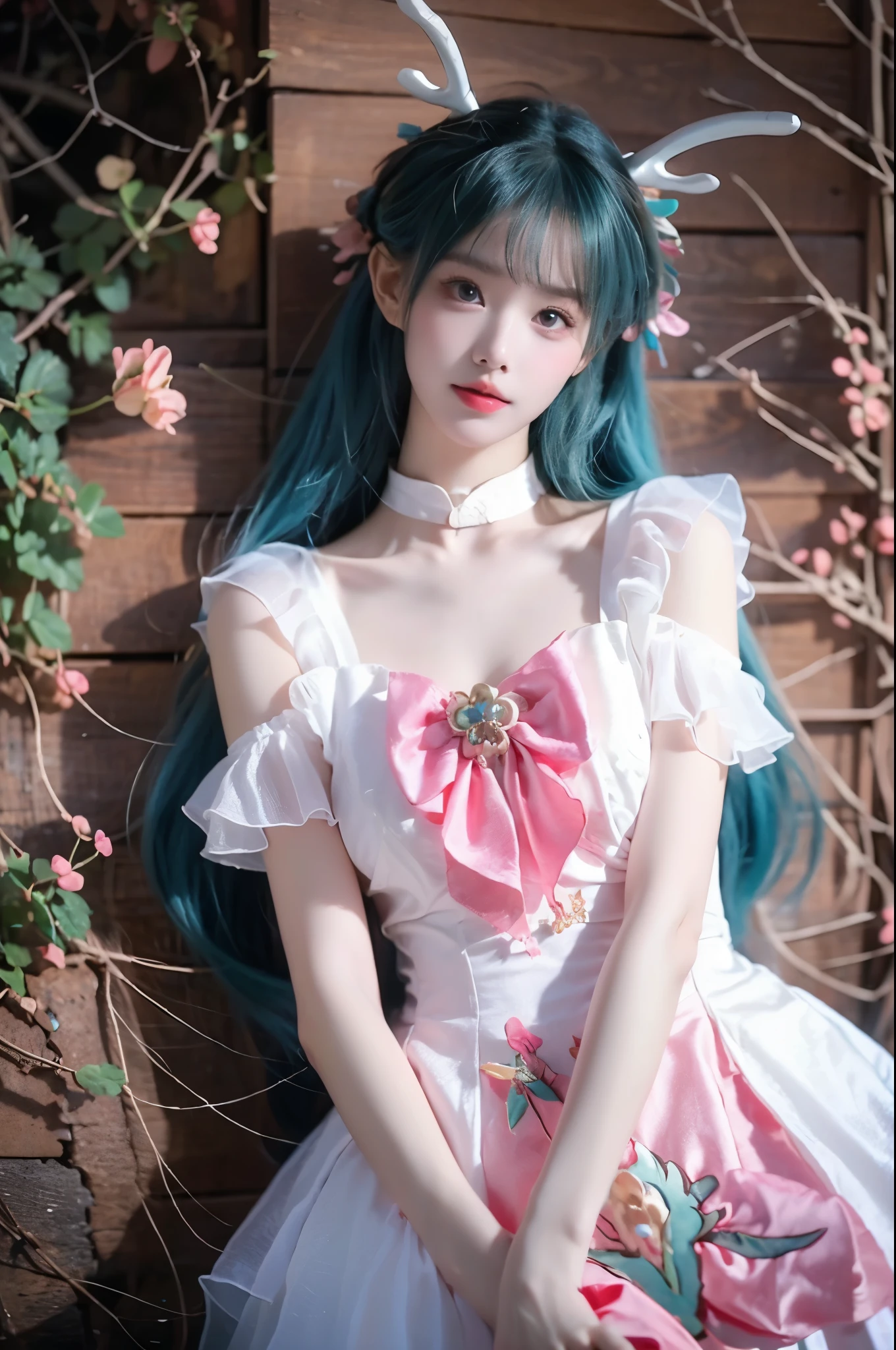yao cosplay costume, aqua hair, dress, shoulder cutout, frills, choker, wrist cuffs, antlers, horns, bow, wings, hair ornament, animal ears, hair bow, hairclip, socks, kneehighs, shoes, high heels ,, realistic beautiful woman, sexy long-legged model, lying in a field of flowers, upper body leaning towards the ground, elbows supporting the body, one leg straight, the other leg naturally slightly bent, correct and beautiful leg shape, night, glowing fireflies, many flowers around, roses in the foreground, beautiful romantic style, (detailed face:1.2), (detailed eyes:1.2), (intricate details:1.1), (hyperrealistic:1.1), (8k resolution:1.1), masterpiece, best quality, dreamy, ethereal, (overhead shot:1.2), (birds-eye view:1.2), (top-down view:1.2)