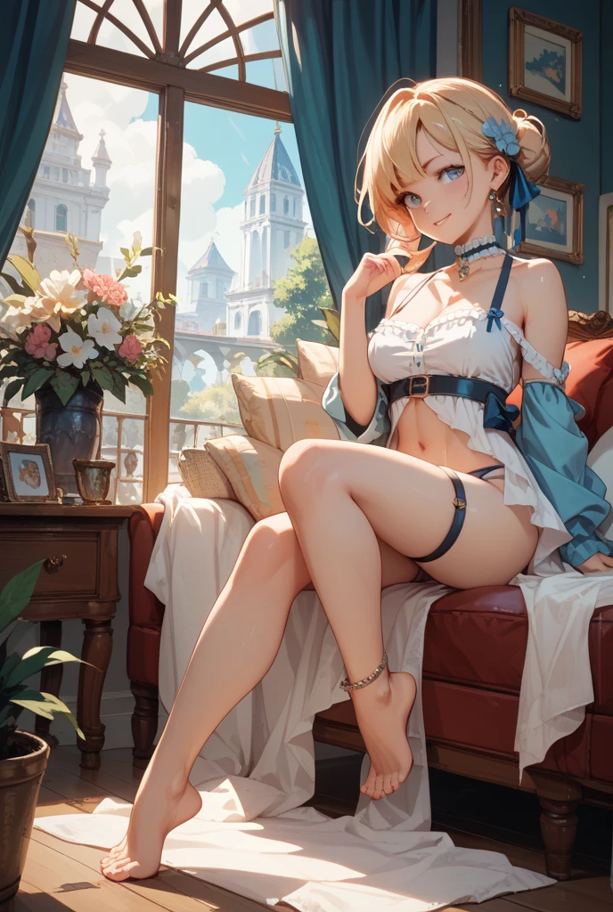 ((Biologically correct limb count)),((Natural finger shape)),((Full Body Shot,Including face)),Standing position,4K,masterpiece,((Focus on the face)),((Symmetrical facial features)),Eye for detailed depiction,Beautiful woman,Excellent style,Beautiful feet,(Small Ass,Thin thighs),(Patterned black stockings,High heels),Facial detailing,Small earrings,necklace,Low angle photo,((Light blue lace bra and lace panties,Lifting the skirt to reveal panties)),Park scenery on a holiday morning,Strong sunlight,(((A facial expression of pleasure))),(((Lean your body back and sit on the ground))),((Hands lifting from under your chest)),(Face the camera),Photograph the side of the body,focus on the crotch,Long blonde