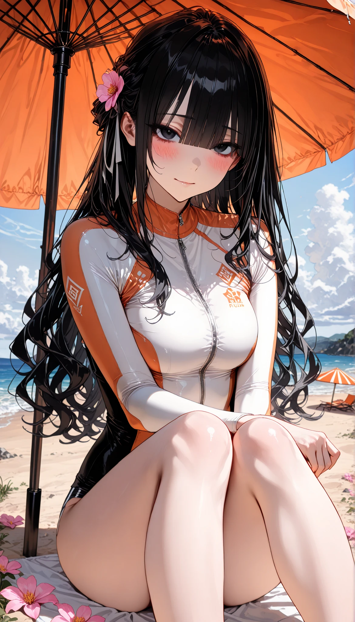 top quality, masterpiece, ultra-precise, ((top quality, masterpiece:1.3)), (sharp focus:1.2), (완벽한 몸매의 아름답고 maturity한 여성 alone, adult, maturity, Purulent inflammation , is tall.), alone, (black eyes), (layered cut long hair, curls, black hair, straight bangs, Half updo), (beach, beach, orange parasol, outdoor, bright daytime), , feet out of frame, language, Her gaze is on the viewer, (pink flower patten Rash guard), Each line, Shameful face, blush.