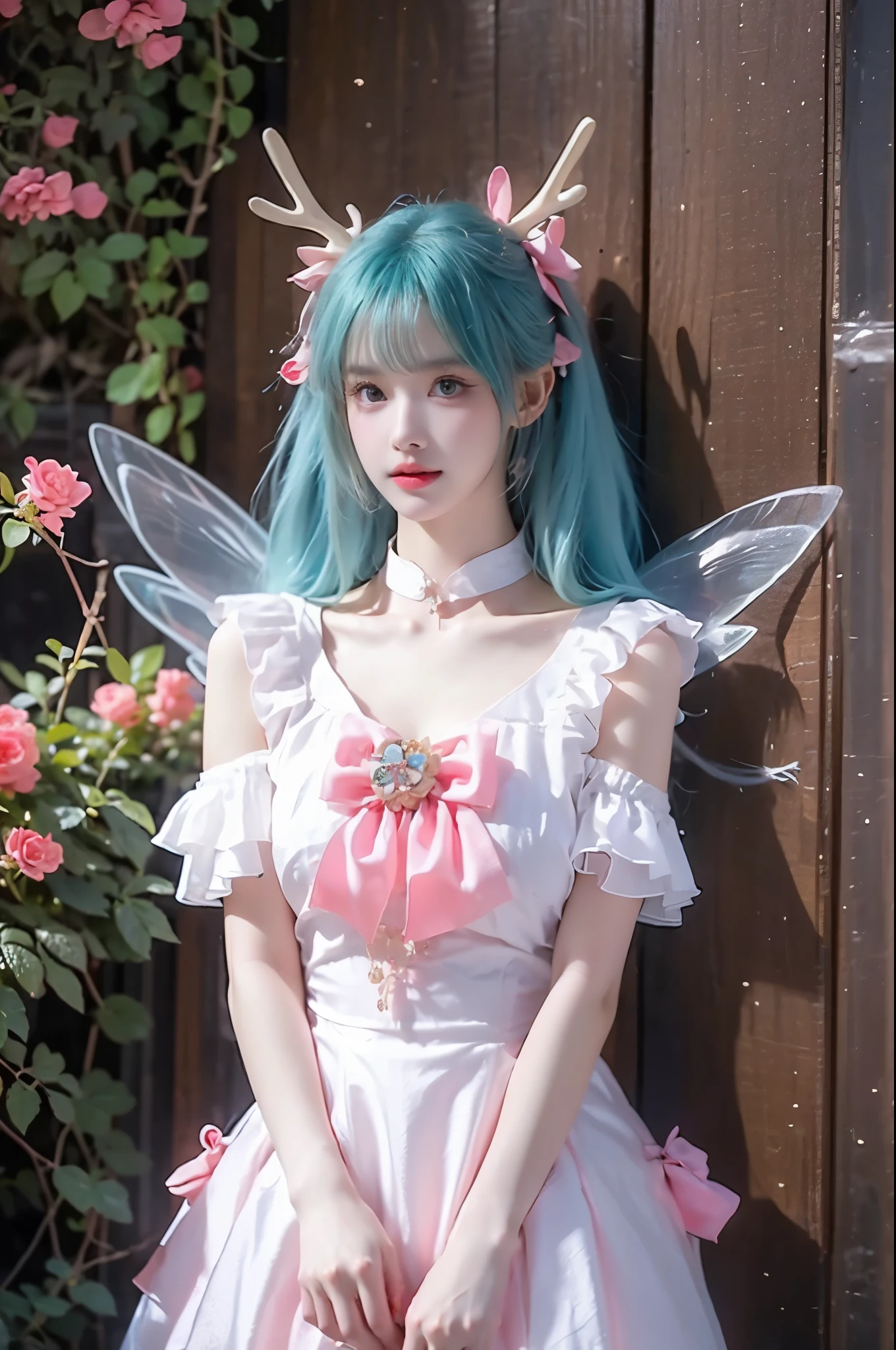 yao cosplay costume, aqua hair, dress, shoulder cutout, frills, choker, wrist cuffs, antlers, horns, bow, wings, hair ornament, animal ears, hair bow, hairclip, socks, kneehighs, shoes, high heels  ,, realistic beautiful woman, sexy long-legged model, lying in a field of flowers, upper body leaning towards the ground, elbows supporting the body, one leg straight, the other leg naturally slightly bent, correct and beautiful leg shape, night, glowing fireflies, many flowers around, roses in the foreground, beautiful romantic style, (detailed face:1.2), (detailed eyes:1.2), (intricate details:1.1), (hyperrealistic:1.1), (8k resolution:1.1), masterpiece, best quality, dreamy, ethereal, (overhead shot:1.2), (birds-eye view:1.2), (top-down view:1.2)