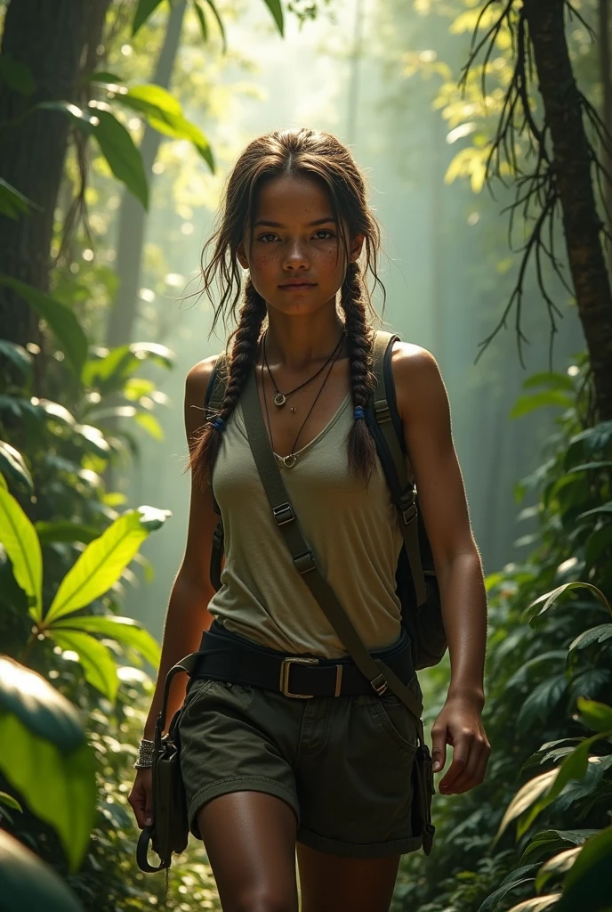 cute brunette girl as lara croft poses in the jungle and she hanging pistols, (((single braid))), (((full body visible))), (((<lora:sdxl_cameltoe_V3:1>, cameltoe, large cameltoe, large breasts))), detailed face, detailed skin, skin pores, pale skin, (ultra-detailed:1.1), detailed background, concept art, film poster, intricate, masterpiece, natural lightning, ray tracing, ultra high quality, shallow depth of field, 8K UHD, hdr