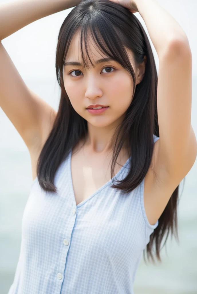 (in 8K、Raw photography、beste Quality、masterspiece:1.2)、(Realstic、photorealestic:1.37)、Ultra detailded、ultra-highres、1 junior high school girl、see the beholder、Beautiful detailed face、smile on face、Constriction、(Slim waist) :1.3)、Camisole、Beautiful detailed skin、Skin texture、Floating hair、Professional lighting、13yo、armpit、Medium Hair、Small breasts