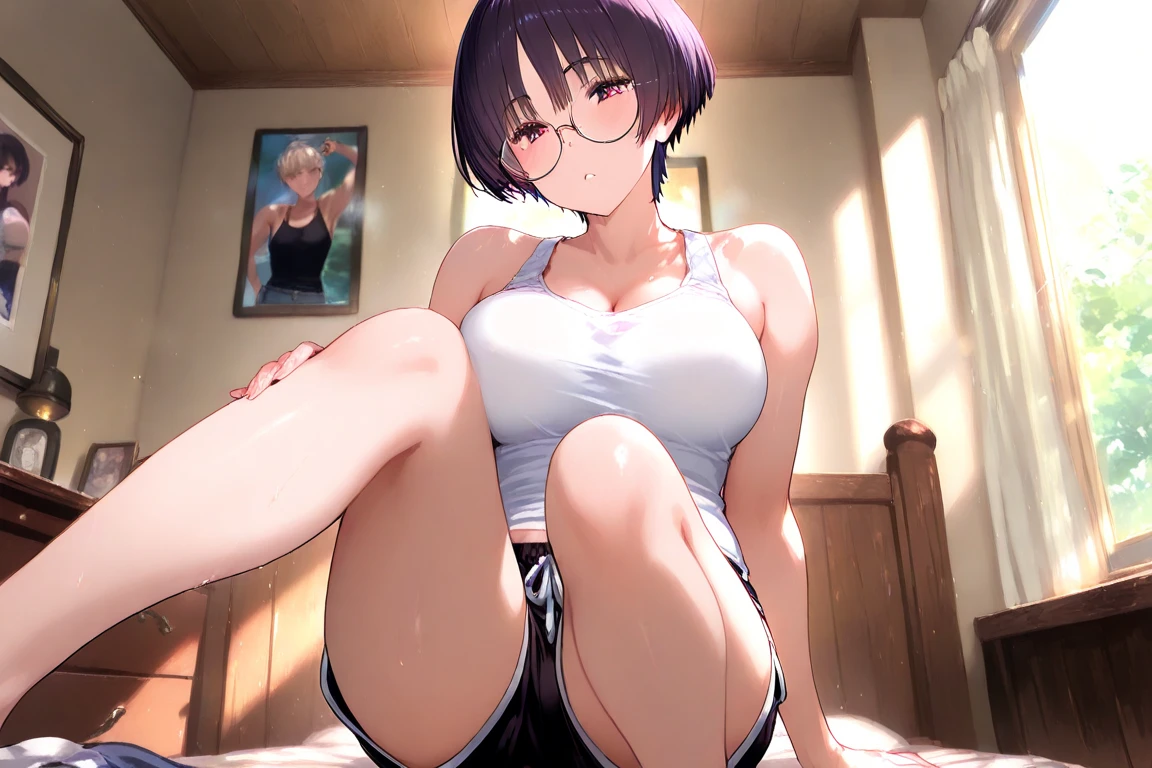 masterpiece, best quality, high definition images, atmospheric perspective, expressive eyes, perfect face, ultra detailed, solo, 1mature seductive woman sitting down in a carelessly sprawled on desk, alluring pose, black short bob hair, navy competition swimsuit, spread legs, curvy, thighs, calm smile, in study room,