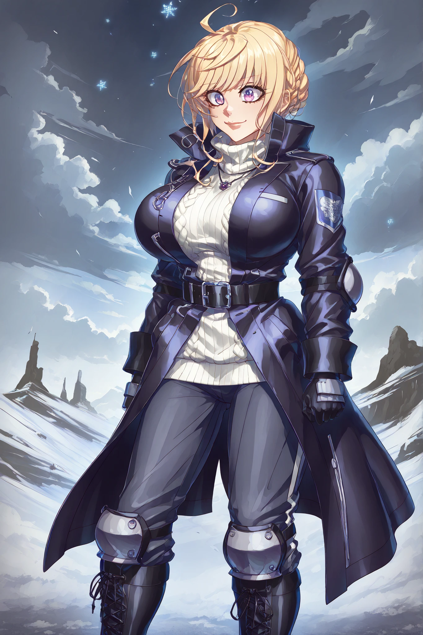 Elegant and dangerous looking woman,  ash blonde hair, long to the middle of the back, with slightly wavy locks and perfectly combed back. blonde eyelashes, thin and angled.  very fair skin, Almost snowy,  with no visible imperfections . big eyes,  with an almond shape ,  deep blue , with a fixed and penetrating look,  definite mandible, mild smile.

He wears a long black leather coat, fitted at the waist and with a high collar made of dark gray synthetic leather. Below, wears a pearl gray wool sweater with a high collar that fits the body. Black military-cut pants, with reinforcements on the knees and side pockets. Black belt with square metal buckle. High combat boots, black, with thick laces and wide non-slip sole. black leather gloves, Complete , Without decoration.

She wears a straight posture, with a raised back and a slightly raised head fitted to the side. One hand inside the coat pocket, the other firmly holds a tactical knife with a white handle.  greyish background , cloudy sky. Snowflakes falling around