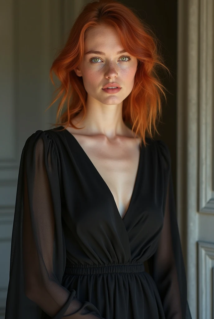 A beautiful redheaded woman with large breasts, wearing an elegant black dress, with a nature background and sunset, detailed facial features, detailed dress, cinematic lighting, photorealistic, 8k, highly detailed, realistic, dramatic lighting, warm color tones, dramatic composition, masterpiece