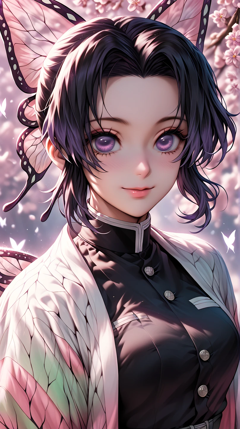 1girl, Shinobu Kochou, demon slayer, Kimetsu no Yaiba, butterfly, detailed butterfly hairpiece, intricate kimono, elegant pose, beautiful detailed eyes, beautiful detailed lips, extremely detailed face and features, glowing butterfly motifs, soft lighting, muted color palette, cinematic composition, digital art, concept art, hyperrealistic, photorealistic, insane detail, masterpiece, best quality, 8k, highres, beautiful fantasy art portrait style lights and glitter eyeshadow palette with a flower in her hair and butterfly 🦋, beautiful smile, purple dress, sweet looking at the viewer, Cute smile ☺ 