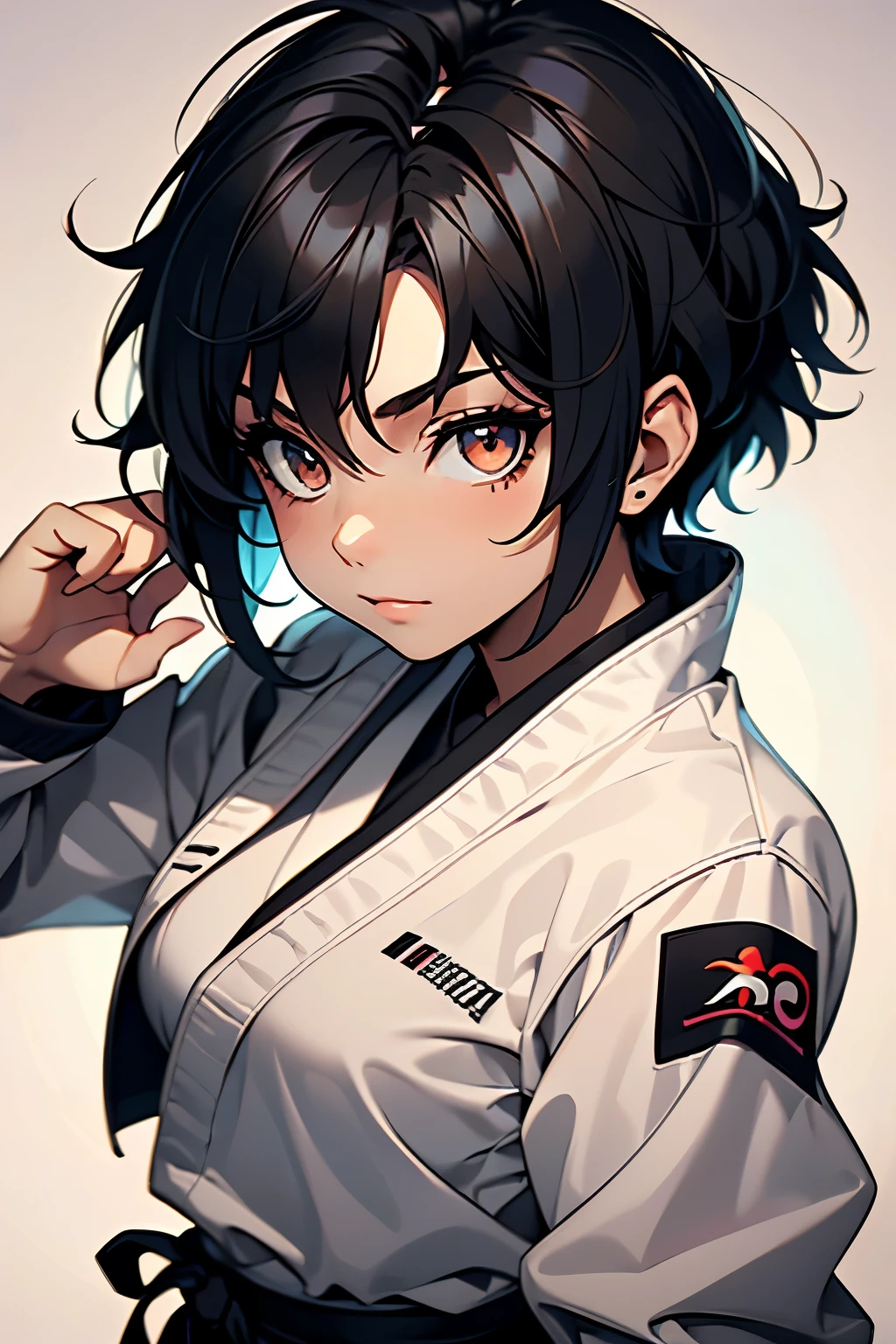 a girl, , short black hair Pixie style, Stylish hair wearing karate uniform. Better Quality, pretty face, hd, 8k, 1.2