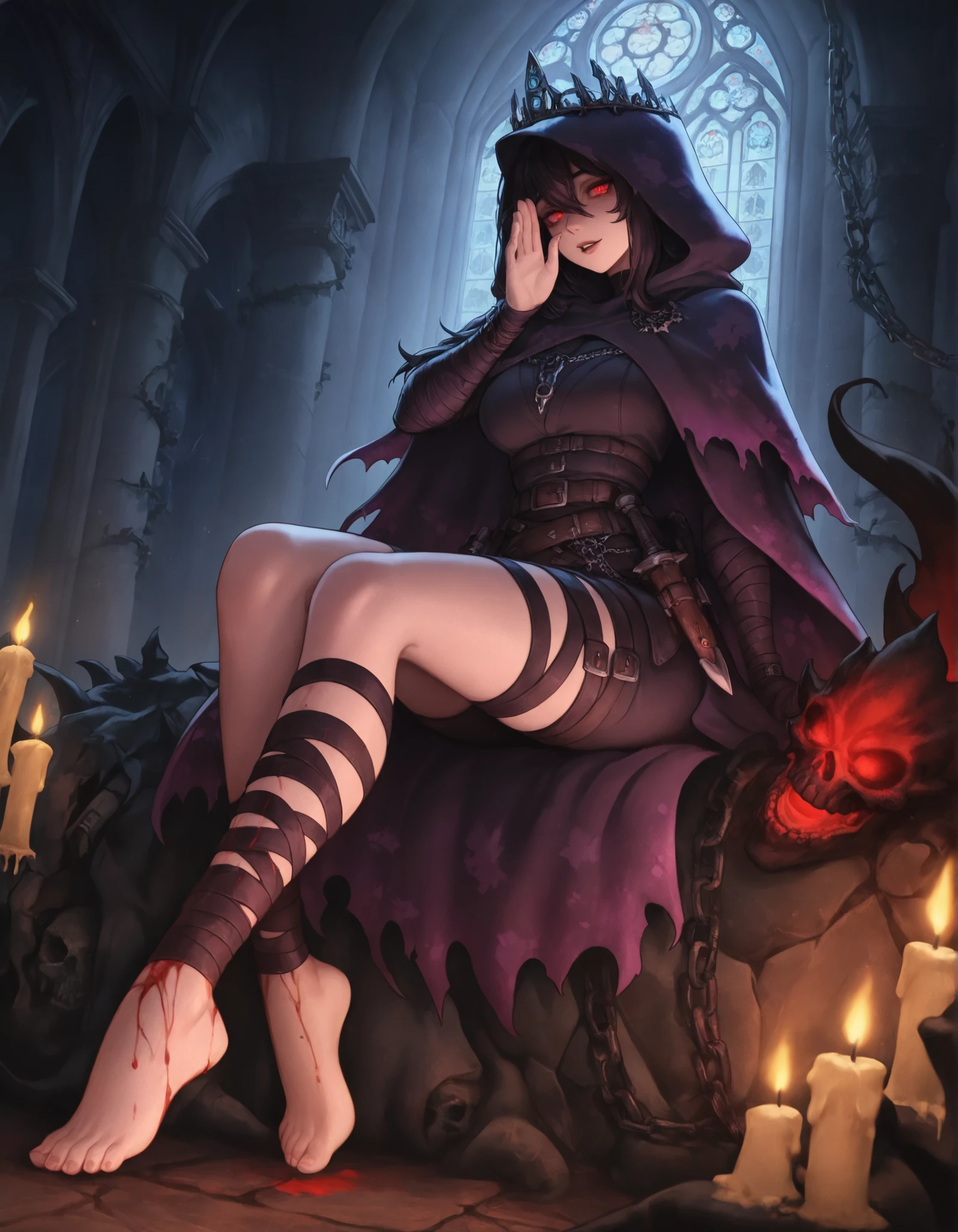 1girl,shadow_reaver, (void_cloak:1.4), obsidian_dagger, bleeding_runes, cathedral_ruins, whispering_skulls, candlelight_flicker, chain_wraps, cursed_fog, thorn_crown
,masterpiece, best quality, newest, highres, absurdres,barefoot