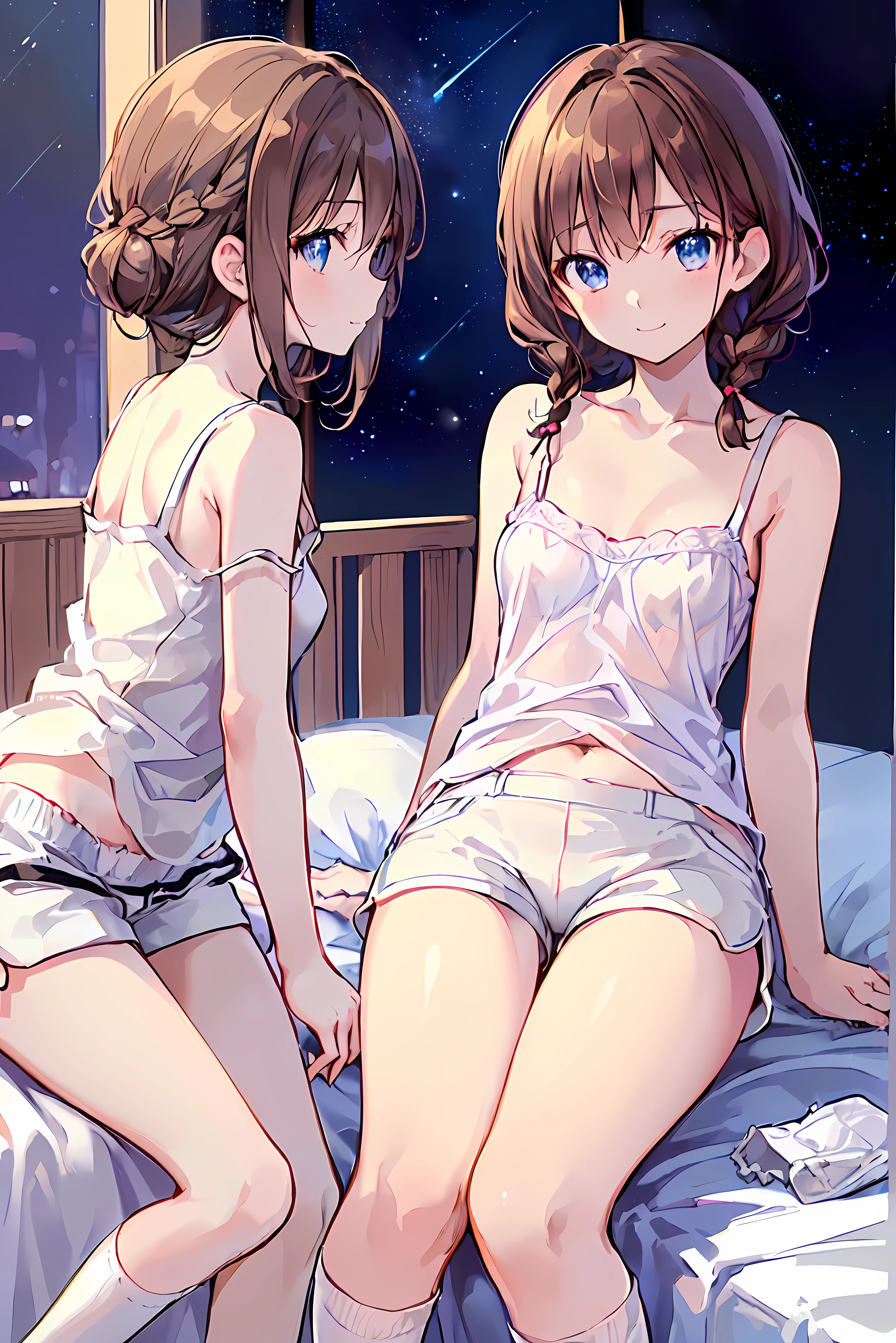absurd,(masterpiece、 best quality、8k ), intricate details, very well detailed、cute girl、((movie:1.4)), embarrassing 、( flat chest、bulge:2.2( brown hair、( white camisole , white shorts、 White Knee High Socks :1.3), on bed、 super real,perfect anatomy,brown hair, shortcuts , disheveled hair, short braided hair, Neat , Slender and beautiful, correct posture,small breasts, beautiful legs, their charming gray-blue eyes shining like stars,dull eyes, bright color, Beautiful Eyes,A delicate smile,textured skin, best quality best , parody of a gentle and beautiful woman , anime style、