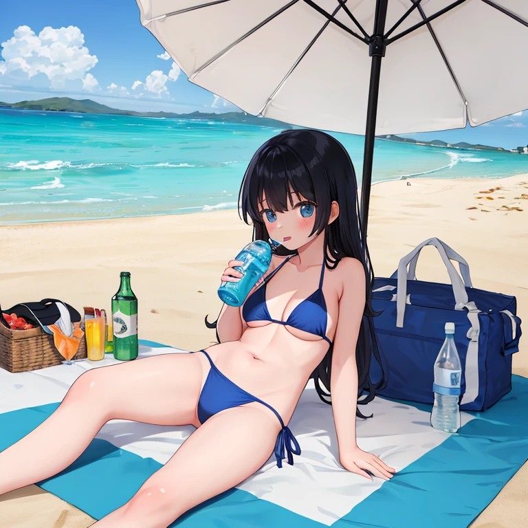Anime girl with black hair and blue eyes in a bikini on the beach