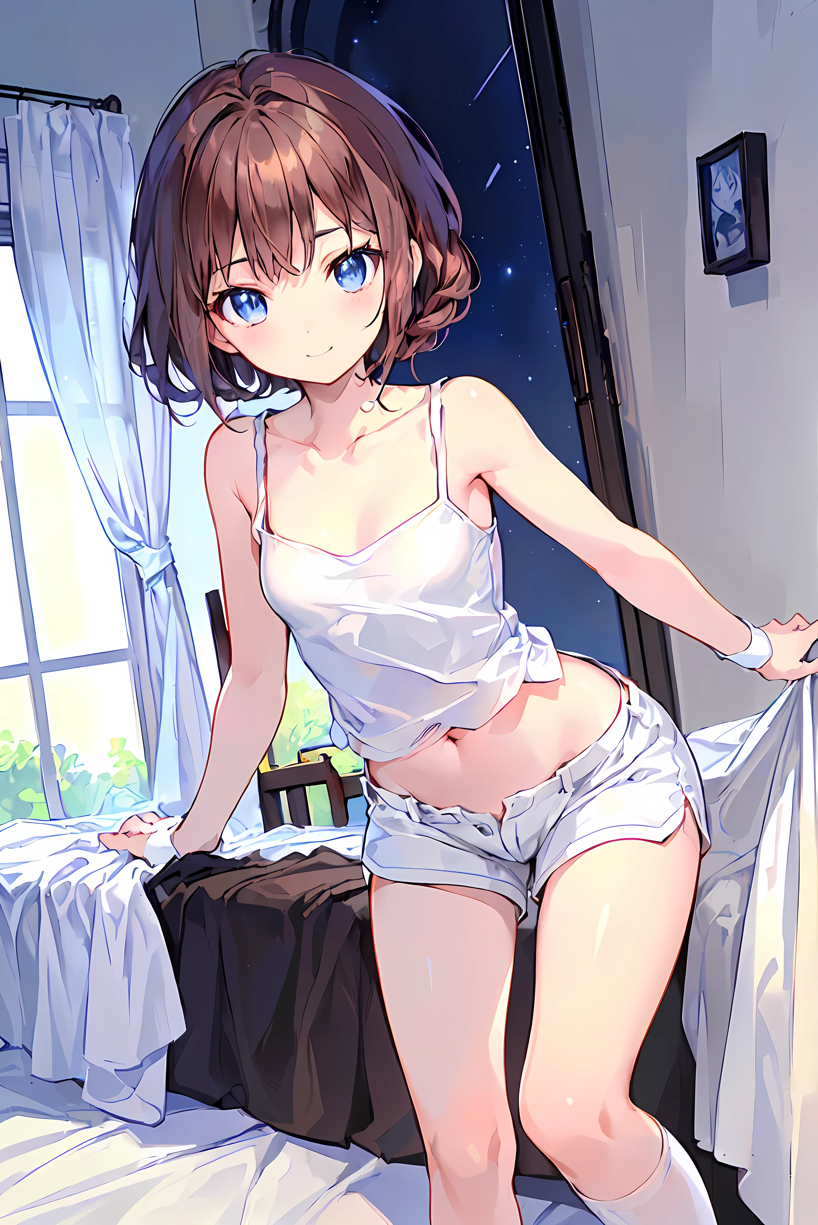 absurd,(masterpiece、 best quality、8k ), intricate details, very well detailed、cute girl、((movie:1.4)), embarrassing 、( flat chest、bulge:2.2( brown hair、( white camisole , white shorts、 White Knee High Socks :1.3), on bed、 super real,perfect anatomy,brown hair, shortcuts , disheveled hair, short braided hair, Neat , Slender and beautiful, correct posture,small breasts, beautiful legs, their charming gray-blue eyes shining like stars,dull eyes, bright color, Beautiful Eyes,A delicate smile,textured skin, best quality best , parody of a gentle and beautiful woman , anime style、