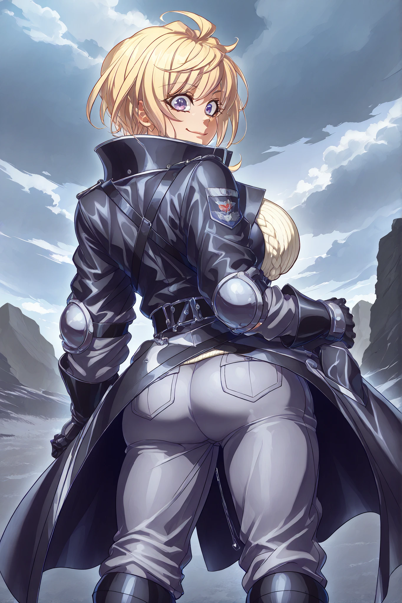 Elegant and dangerous looking woman, ash blonde hair, long to the middle of the back, with slightly wavy locks and perfectly combed back. blonde eyelashes, thin and angled. very fair skin, Almost snowy, with no visible imperfections . big eyes, with an almond shape , deep blue , with a fixed and penetrating look, definite mandible, mild smile.
He wears a long black leather coat, fitted at the waist and with a high collar made of dark gray synthetic leather. Below, wears a pearl gray wool sweater with a high collar that fits the body. Black military-cut pants, with reinforcements on the knees and side pockets. Black belt with square metal buckle. High combat boots, black, with thick laces and wide non-slip sole. black leather gloves, Complete , Without decoration.
She wears a straight posture, with a raised back and a slightly raised head fitted to the side. One hand inside the coat pocket, the other firmly holds a tactical knife with a white handle. greyish background , cloudy sky. Snowflakes falling around