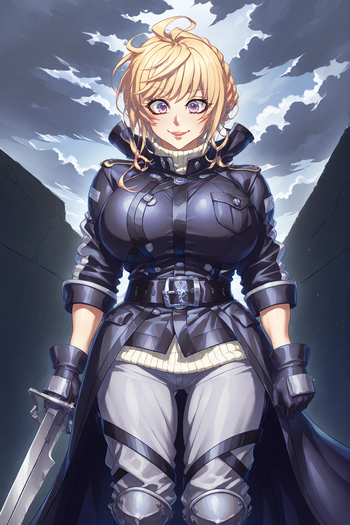 Elegant and dangerous looking woman, ash blonde hair, long to the middle of the back, with slightly wavy locks and perfectly combed back. blonde eyelashes, thin and angled. very fair skin, Almost snowy, with no visible imperfections . big eyes, with an almond shape , deep blue , with a fixed and penetrating look, definite mandible, mild smile.
He wears a long black leather coat, fitted at the waist and with a high collar made of dark gray synthetic leather. Below, wears a pearl gray wool sweater with a high collar that fits the body. Black military-cut pants, with reinforcements on the knees and side pockets. Black belt with square metal buckle. High combat boots, black, with thick laces and wide non-slip sole. black leather gloves, Complete , Without decoration.
She wears a straight posture, with a raised back and a slightly raised head fitted to the side. One hand inside the coat pocket, the other firmly holds a tactical knife with a white handle. greyish background , cloudy sky. Snowflakes falling around