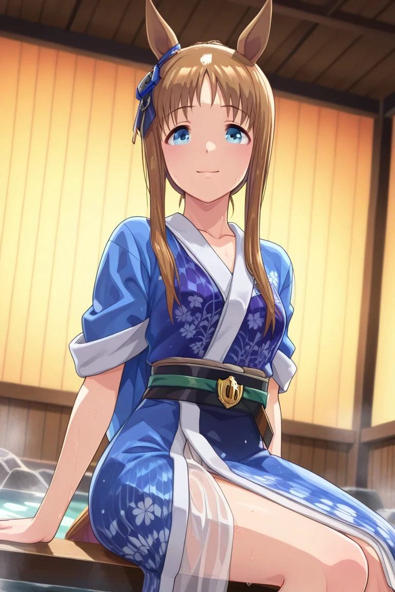 Masterpiece, top quality, very detailed,2K, 4K, (sharp sketch, illustration:1.1)), (((umamusume, grass wonder))), ((((dynamic angle, look at viewer, sitting, well-mannered posture, sweaty, yukata like a bathrobe, yukata in without a pattern, slightly smiling, cheeks stained, flushed face, yukata, white yukata, plain yukata, thin fabric yukata, see-through yukata, wet yukata, sweaty yukata, yukata sticking to body, thin belt, string belt, steam, onsen, wooden room, dim light, dim dim lighting, orange lighting, small medium breasts, big hips, sexy buttocks))))