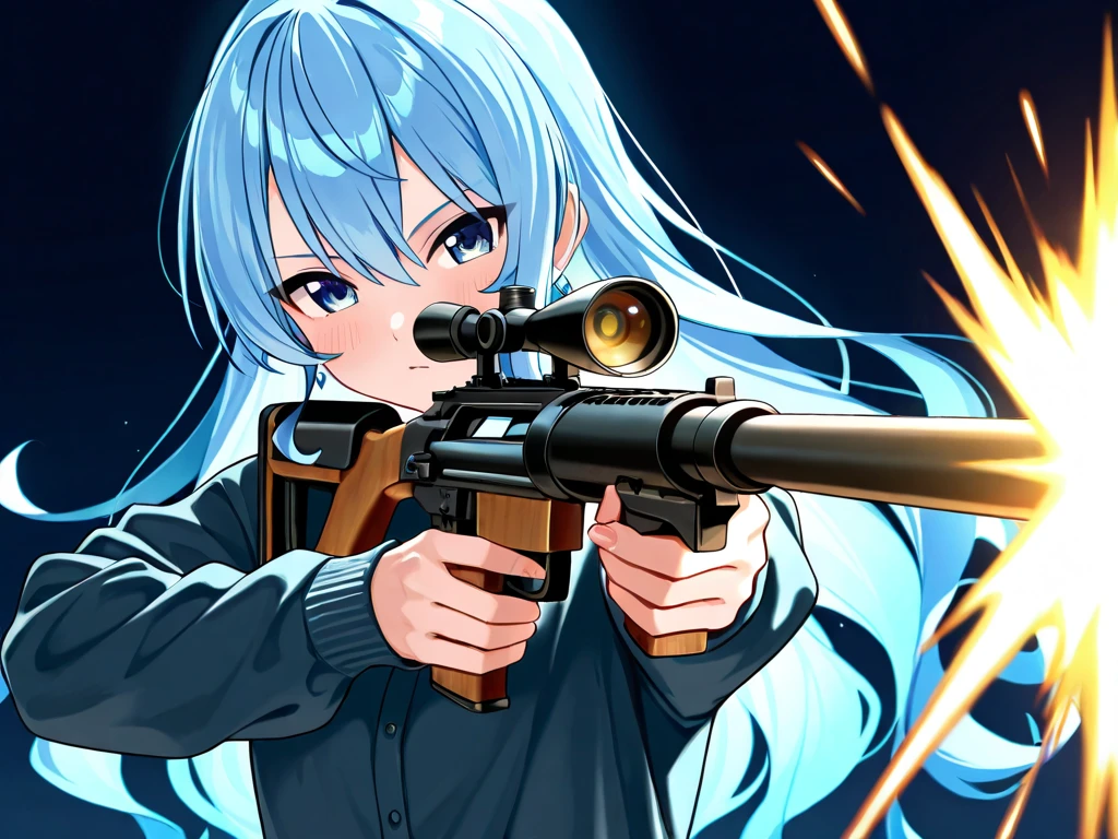 Hoshimachi suisei shiny hair holding sniper rifle aiming at viewer firing high quality skin masterpiece insanely detailed high resolution absurdres