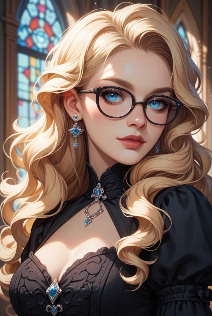 blonde woman, mature woman, secretary, half body portrait, bangs, glasses, intricate details, beautiful face, elegant pose, highly detailed, photorealistic, 8k, masterpiece, digital art, realistic, cinematic lighting, soft color palette, warm tones