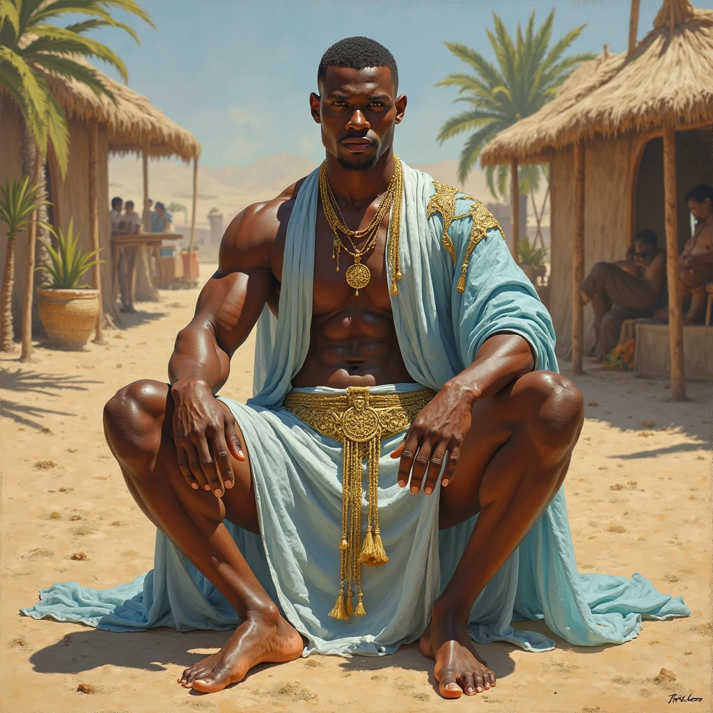 painting of a strong African man sitting on a rock with a bowl of fruits and a bottle of wine, african man, inspired by François Joseph Heim, by François Bocion, inspired by Carl Heinrich Bloch, by Friedrich Gauermann, inspired by François Bocion, by Johan Grenier, by Frédéric Bazille, orientalist