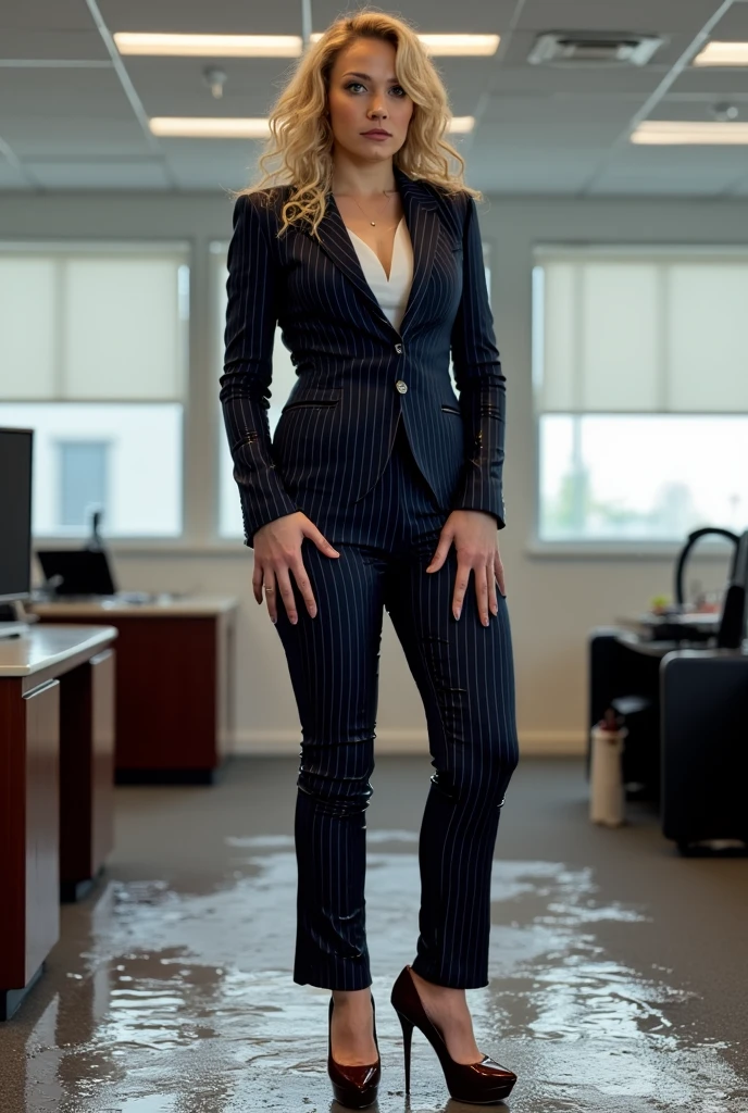 sexy shy female office worker in a tailored pinstripe pants and revealing loose silk blouse and black high heeled ankle boots standing in a modern office block foyer , faint smile, candid picture, tight pants, black ankle boots, high heel ankle boots, black heels, deep cleavage, luxury blouse, figure hugging pants, in the air, hand touching her pussy, aggressive stance, sexy face, deep cleavage standing in large modern office building foyer carrying a leather tote bag, firmly holding her breasts, pushing her breasts together, curvy accentuated booty, breasts, very large breasts, flirty pose, sensual pose, seductive pose, confrontation pose, (messy bob hairstyle, white blond hair color), messy hairstyle, messy bob, messy hairstyle, white blond, 5 foot 3 inches tall, 110 pounds in weight, 34G breasts, large firm round breasts, very large breasts, photorealistic, 4K, 8K, UHD, long shot, back view, view from the back, view from down low, view from the side, view from an angle, nsfw