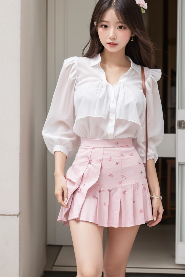 Amazingly large eyes、Smiling face、H cup bust、50cm waist、Slender and fair-skinned、Japan woman with long hair、20-year-old、Slim figure、Wearing a vivid pleated skirt and a sheer lace blouse、Wearing high heels。On the runway at a fashion show、Her whole body was shown, from her high heels to her head, as she walked towards the viewer.、Bright, photo-quality images。