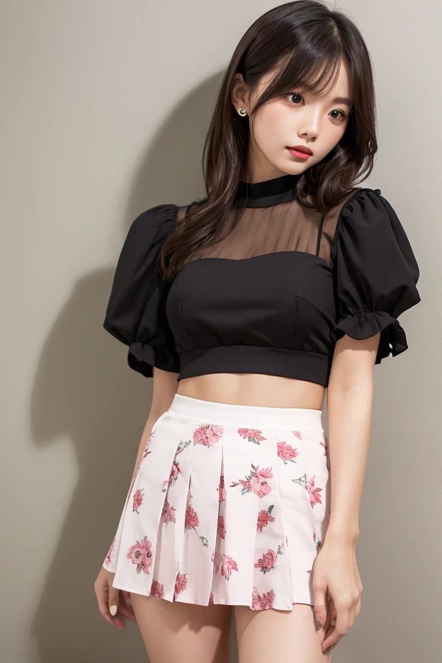 (8k, UHD, best quality, highres, award winning, high quality, high details, super detail, textured skin, anatomically correct, masterpiece, ccurate, retina), Korean female model, Height 175 cm, perfect bodies, Long legs, wavy and long hair, Wearing 0D pantyhose, Raw legs, full legs shot, (((full body: 1.5))), Sexy pose, Draped skirt, Dressed in white lace, The whole body in black, tightly dress, tightly mini skirt, tightly v-neck off-shoulder, ray tracing, (Dark pink gradation background)