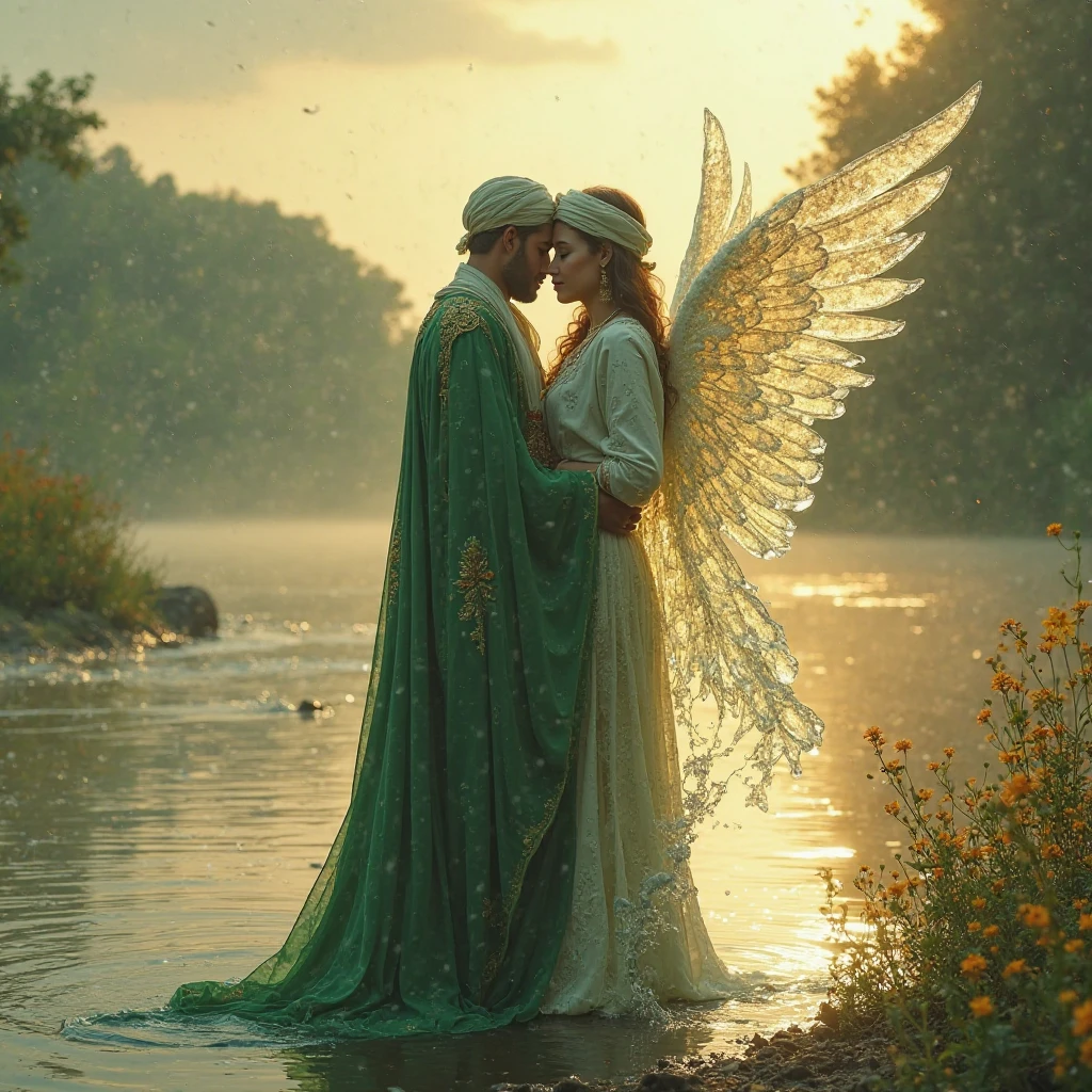 HDR photo, (medium full shot , from behind) of a couple,  dryad adorned in emerald green flowing woodland robe, feathered forest flats, nature-themed face paint, gemstone necklace, cuddling, detailed face, located in a romantic scene at a quiet spa retreat during sunset with warm weather, illuminated by golden sunset, creating a warm atmosphere, ,Masterpiece,best quality, photo, realistic, very aesthetic