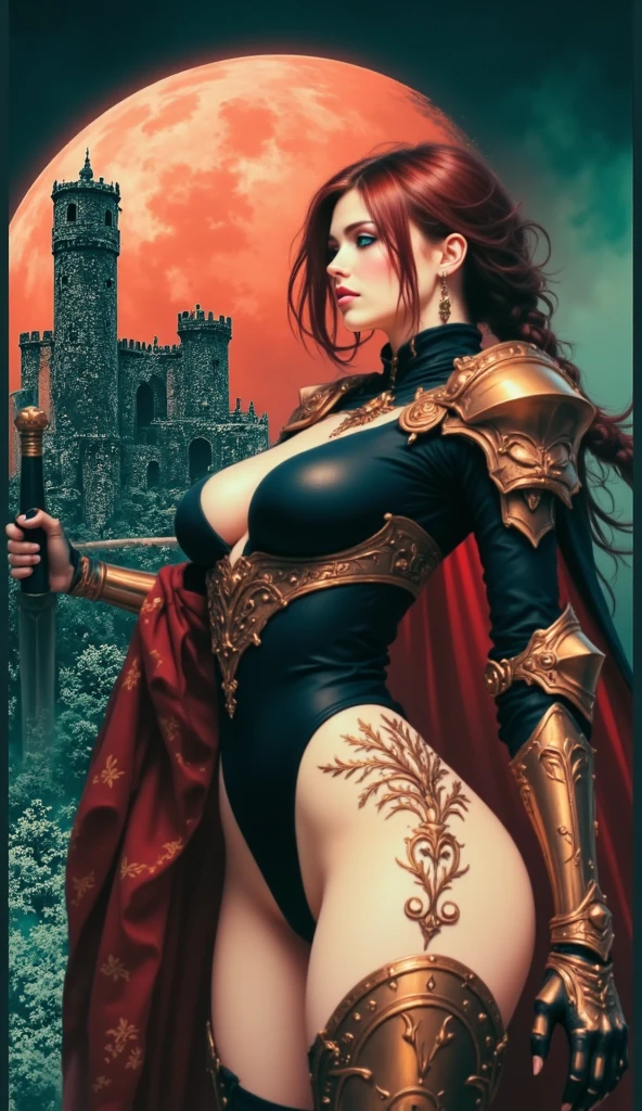 (masterpiece, top quality, best quality, official art, beautiful and aesthetic:1.2), (1girl:1.3), long and curly dark brown hair, extremely detailed, portrait, looking at viewer, solo, (full body:0.6), detailed background, close up, mischievous eyes, (warm summer castle theme:1.1), sorceress, charlatan, smirk, mysterious, walking in courtyard, revealing ((dark red)) sorcerer attire, red knee-length red skirt, off shoulder, straps, long sleeves, loose sleeves, cloak, corset, black leggings, black trousers, black pants, long brown boots, buckles, straps, pouches, magic energy, red fabric, white trim, ((((gigantic breasts, cleavage, skindentation)))), slim waist, slim hips, long legs, medieval (castle exterior:1.1) background, dark mysterious lighting, shadows, magical atmosphere, dutch angle