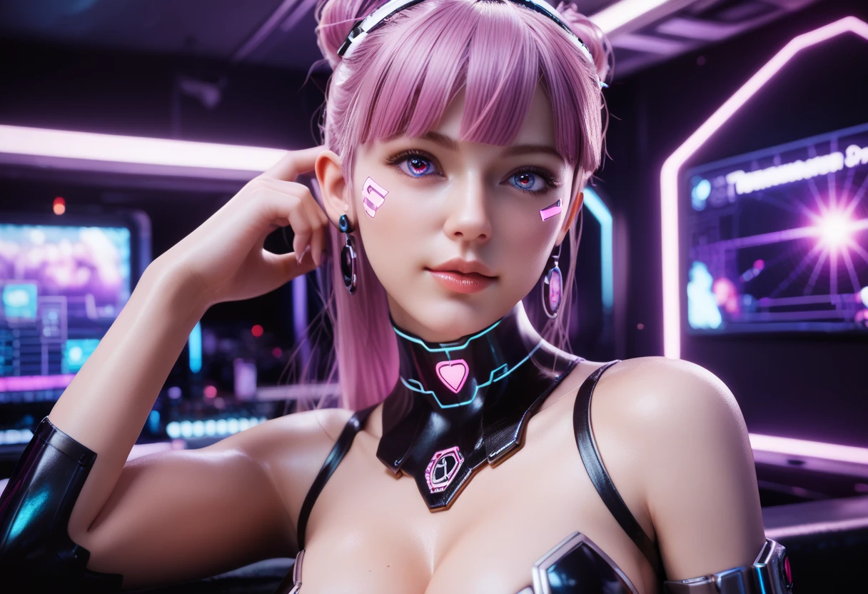 A beautiful anime woman, cyberpunk armor suit, pink cat ears, cleavage, high thighs, slender abs, detailed face, long hair, detailed eyes, beautiful detailed lips, extremely detailed eyes and face, long eyelashes, intricate mechanical details, neon lights, sci-fi environment, moody lighting, cinematic composition, vibrant colors, photorealistic, (best quality,4k,8k,highres,masterpiece:1.2),ultra-detailed,(realistic,photorealistic,photo-realistic:1.37),HDR,UHD,studio lighting,ultra-fine painting,sharp focus,physically-based rendering,extreme detail description,professional,vivid colors,bokeh,sci-fi,cyberpunk