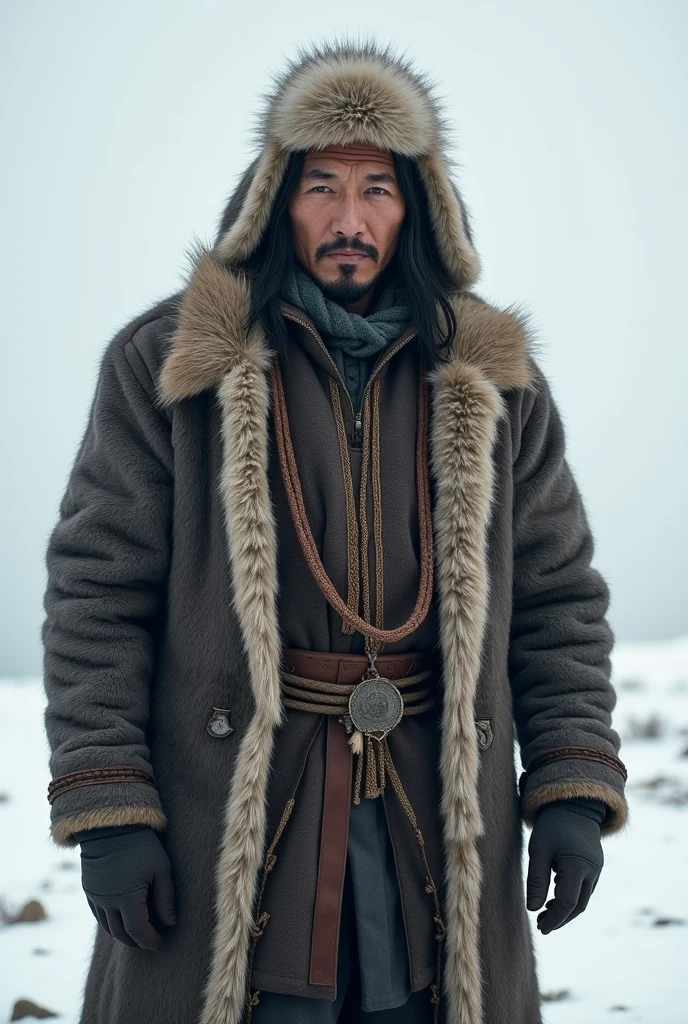 Photorealistic portrait of a Kazakh hero, ruggedly handsome with sun-kissed, tanned skin. His piercing brown eyes radiate strength and determination. His symmetric face is covered in a light beard, giving him an air of wisdom and experience. His muscular build is showcased in traditional Kazakh attire, including a long, flowing robe and a fur hat. The intricate details of his clothing and accessories are captured in the high-quality image. The setting is a scenic Kazakh landscape, with golden sun rays illuminating the hero's face, creating a masterpiece-level, 16K image. The hero exudes a sense of pride and courage, as