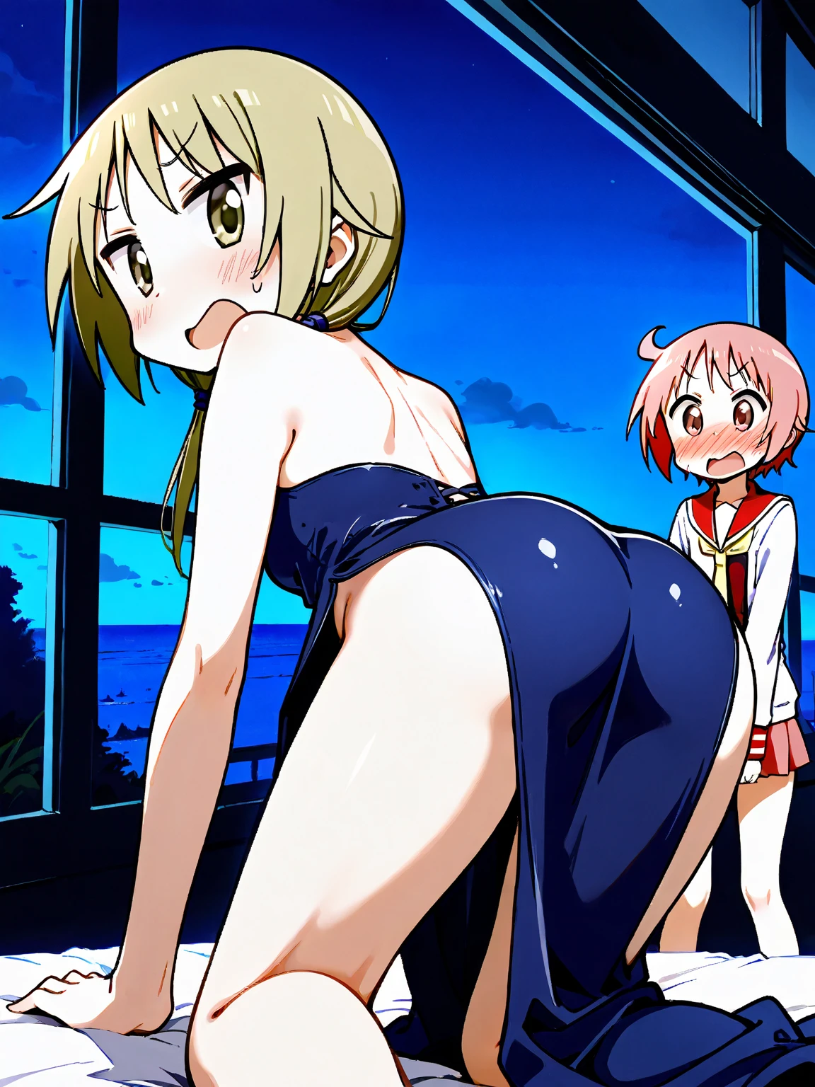 masterpiece:1.5, high quality, sweat, blush, smile, closed mouth, looking at viewer, wide-eyed, all fours, leaning forward, bend over, hands on bed, hip up, (((from behind))), madoka, topless, , (((white pantiesussy juice, cbone, two side up, short twintails, pink hair, ((flat chest, slender)), lanky, Skinny body, body, Slim Body, Slim waist, Slim legs, Slim hips, bare knuckle, dutch angle,